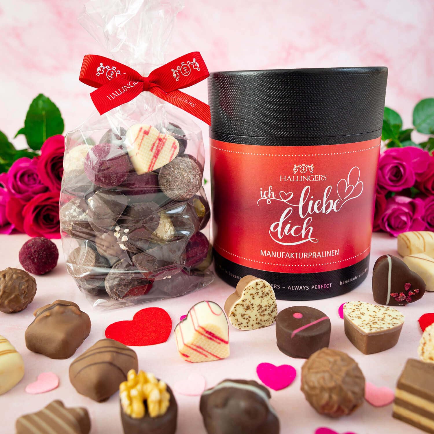 Hallingers Genuss Manufaktur Pralinen Valentinstagsgeschenk - ohne Alkohol, handmade aus Confiserie-Edelkakao in wertiger XXL-Geschenkdose "Ich liebe Dich", Valentintstag für Frauen Männer