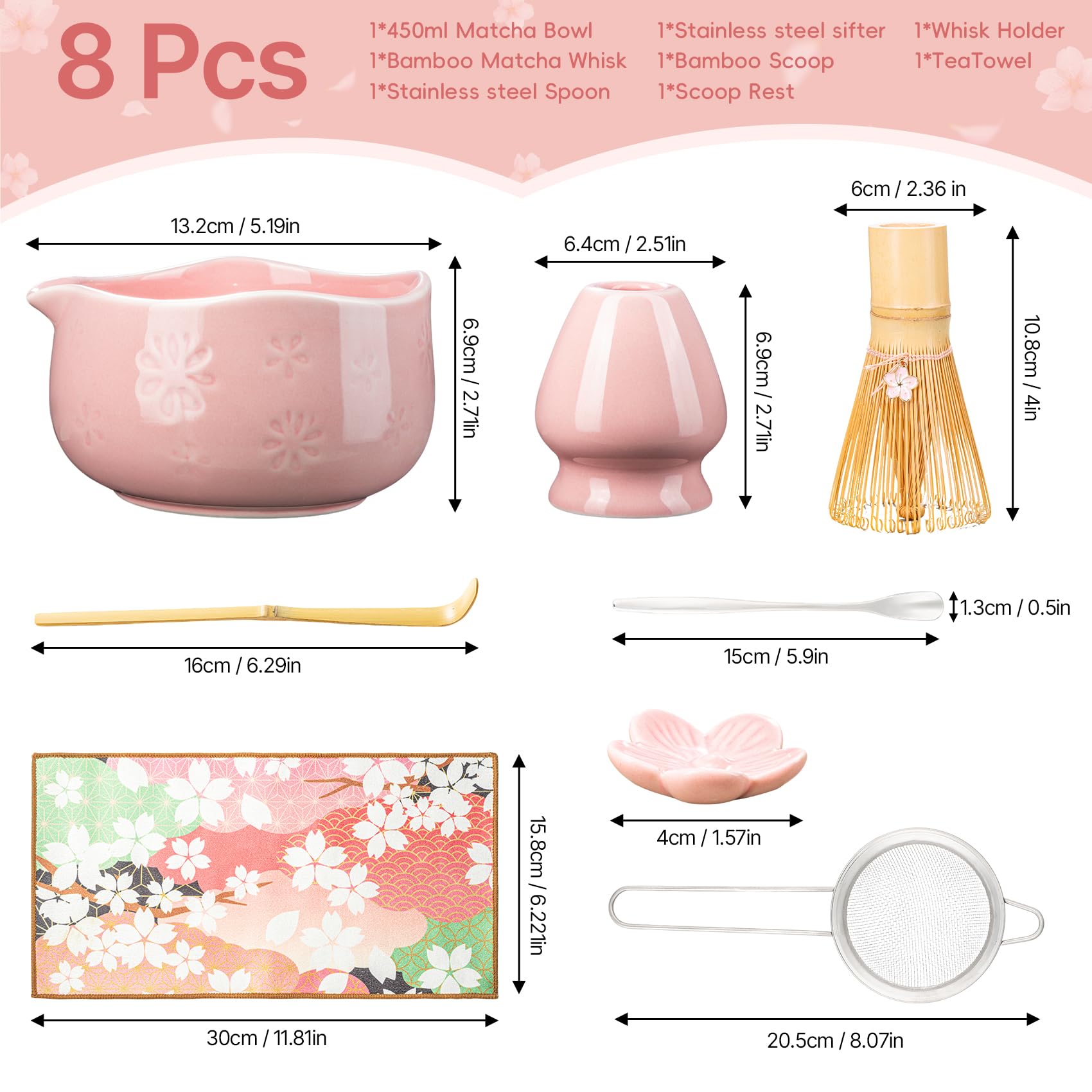 TIZU Set da tè Matcha, 8 pezzi, set con frusta, ciotola con beccuccio, paletta, cucchiaio, setaccio, porta frusta, regalo tradizionale giapponese per gli amanti del tè matcha (rosa)
