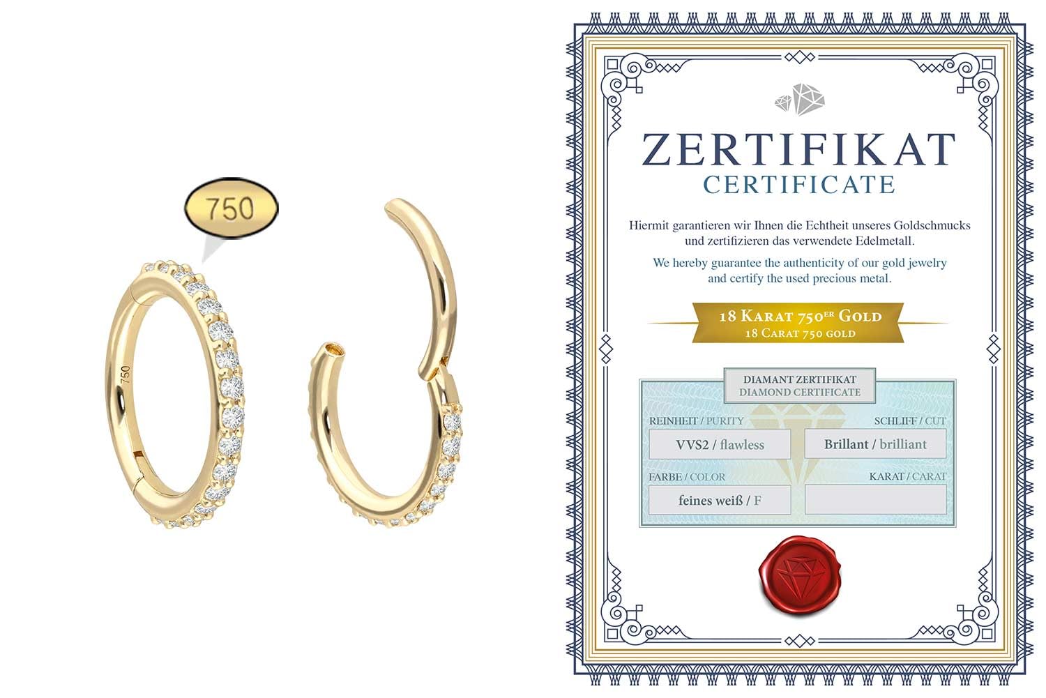 PIERCINGLINE 18 Karat Gold Segmentring Clicker EINGEFASSTE DIAMANTEN Piercing Ring Ohr Nase Größenauswahl