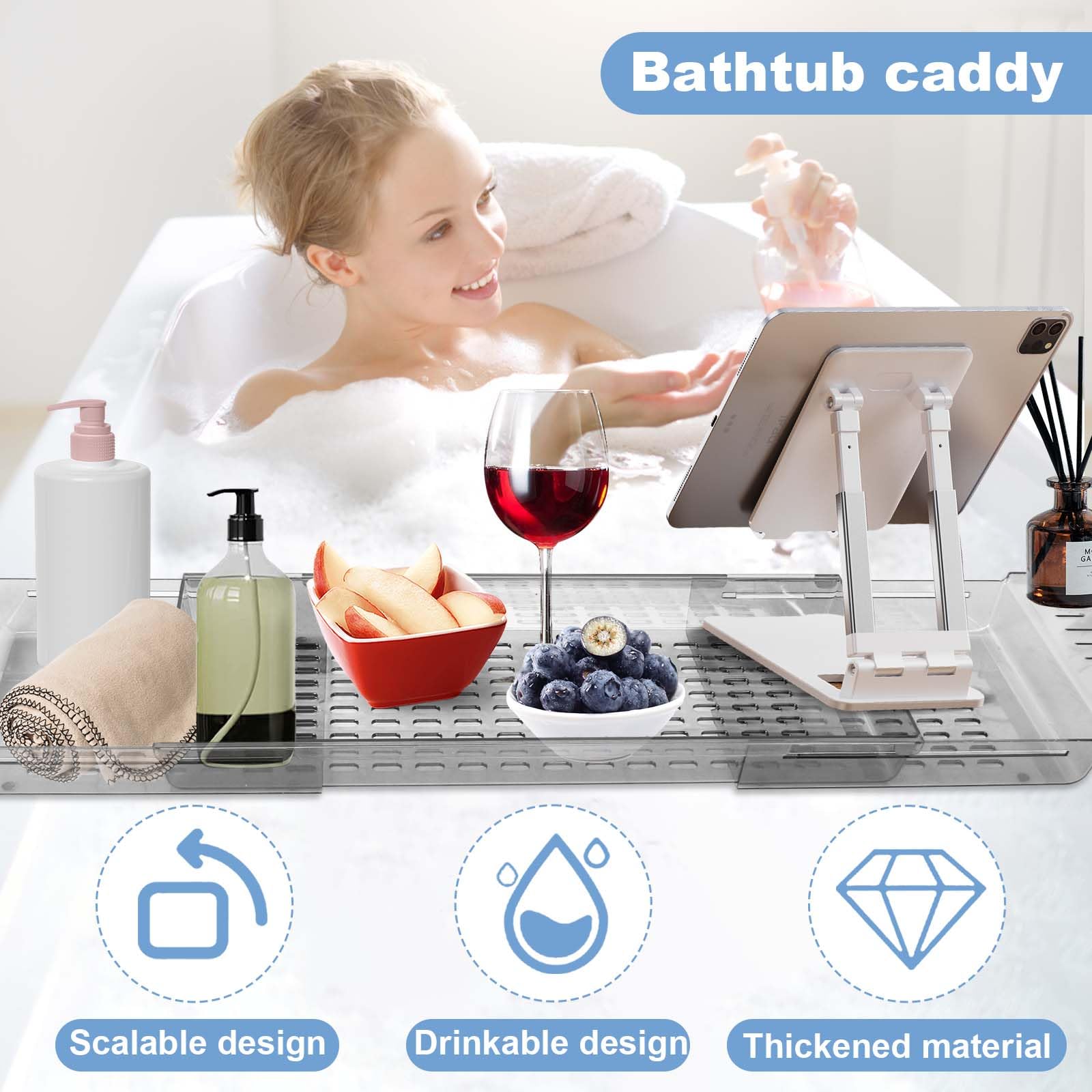Bandeja Bañera, Bandeja para Bañera Extensible, Bandejas para Bañeras con Diseño de Desagüe, Bandejas Baño Ajustable para Vela, Libro, Vaso, Teléfono y Tableta (Transparente)