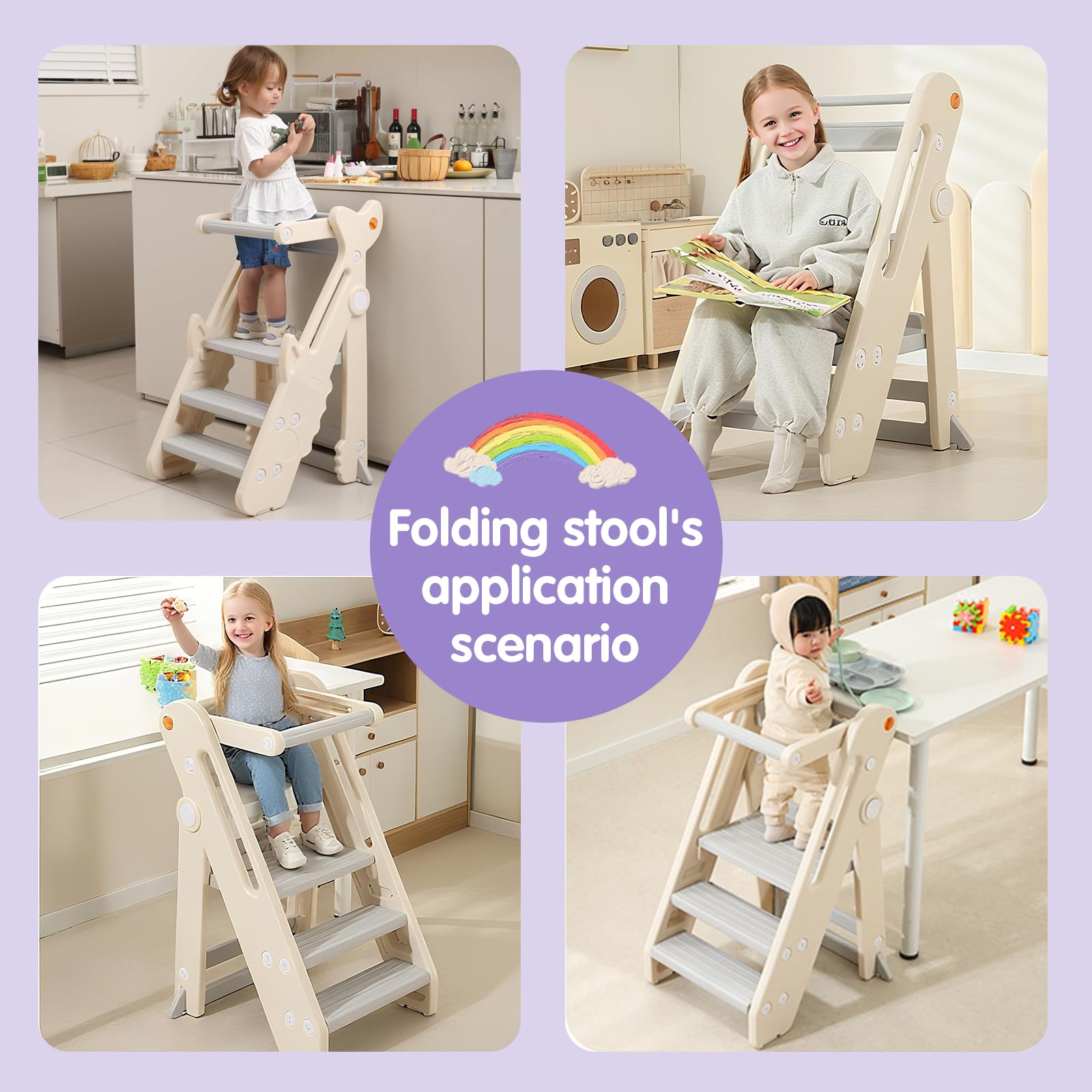 Torre de Aprendizaje para Niños, Taburete Infantil Plegable de Altura Ajustable con Barandilla y Asas, Escalera de Cocina y Baño Antideslizante para Niños – Beige, 52×54×83 cm