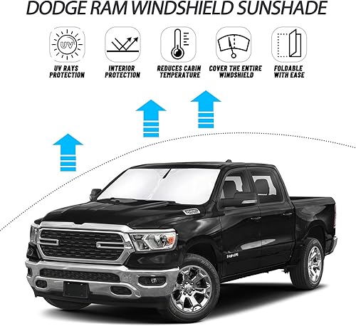 Miniatura 2 de D-Lumina Parasol para parabrisas Dodge Ram 1500 2019-2024, parasol para ventana delantera, protector de visera para Ram 1500 CrewCab, camioneta