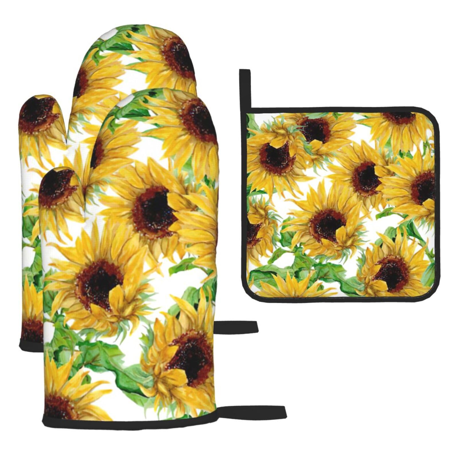 Yellow Sunflowers Print Oven Kitchen Gloves For Baking Outdoor Grilling Home Use Mitts Microwaving Bbq