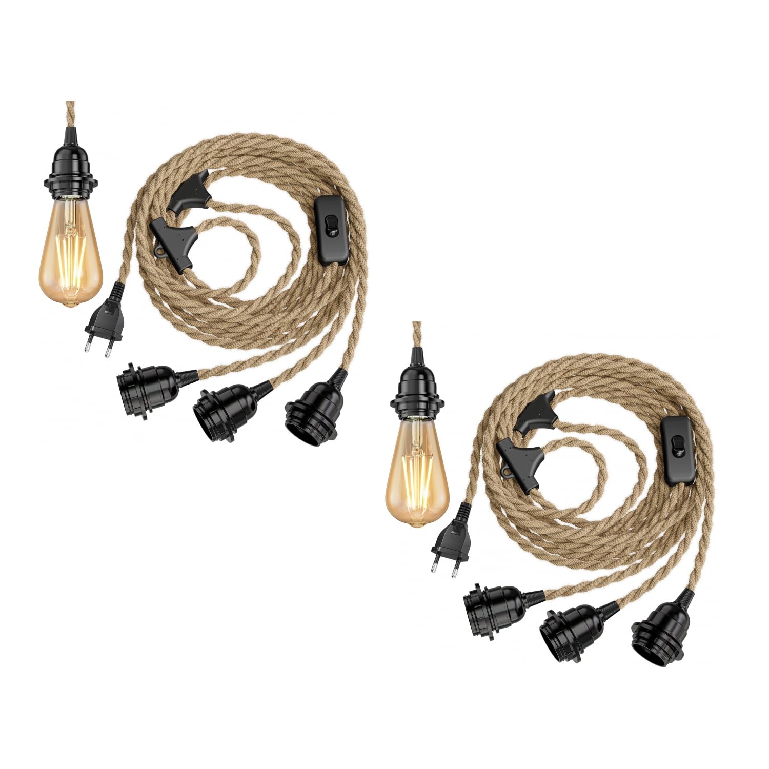 ledscom.de 2x Hanf-Kabel/Textilkabel LEKA, Stecker, Schalter, natur-beige, 8 m, Lampen-Fassung, 3x E27 max. 60W