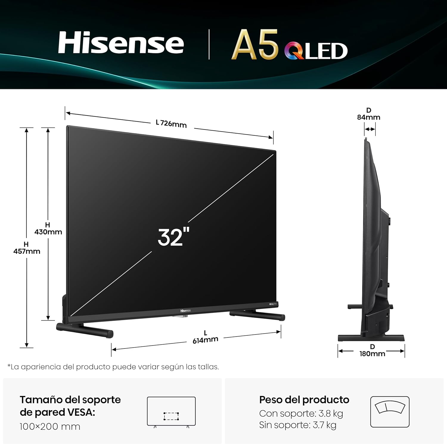 Hisense 32A5Q – QLED Smart TV 32 Pulgadas, Dolby Atmos, Modo Juego, Entrada USB Tipo C, Peana con Doble posición, Control por Voz Alexa, Función Compartir en TV, Auto Ordenación Canales TDT 3