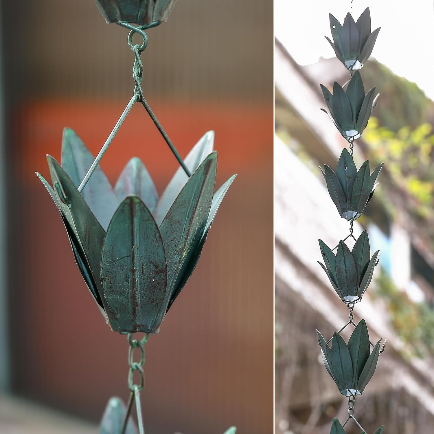 Rain Chains – 8.5 FT Rain Chains for Gutters Downspouts – Outside Leafy Flowers Cups Rain Chain – Antique Blue