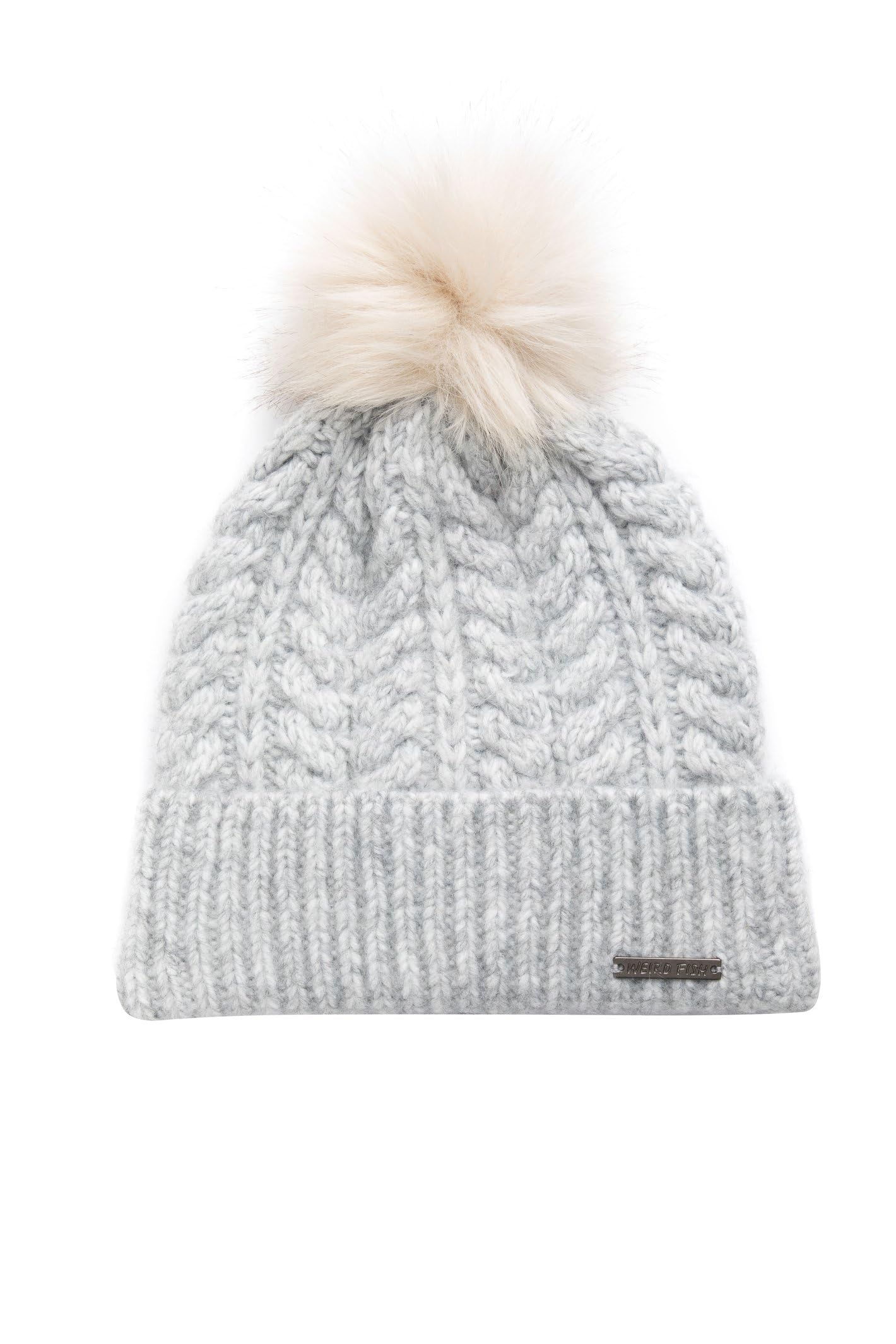 Weird Fish Women's Allerton Cable Knit Bobble Hat in Pale Grey