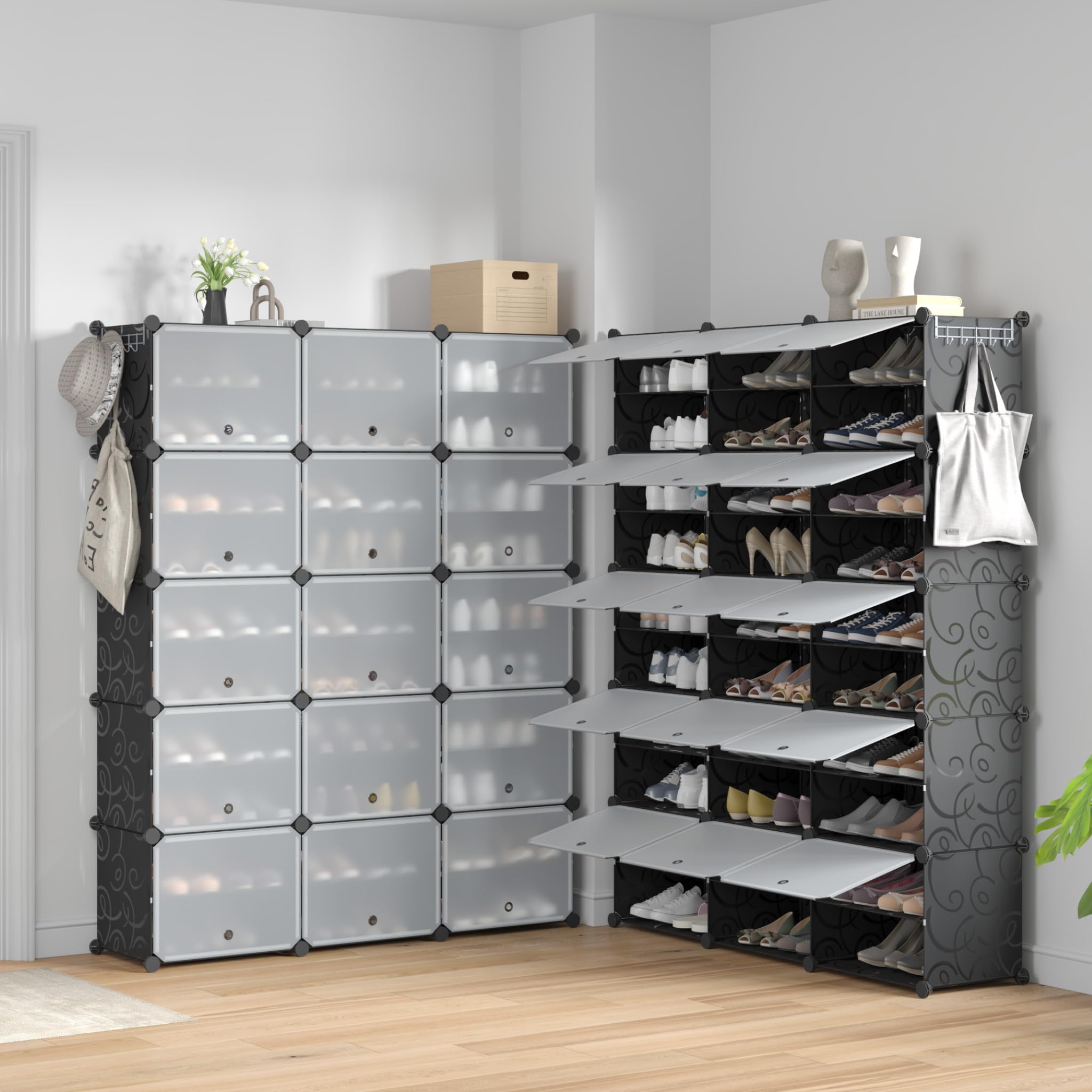 Mondeer Schuhregal,3x10 Stufiger Kunststoff Schuhschrank, 60 Paar Schuhe | Modulares Schuhaufbewahrung mit Tür,Anpassbar,Freie Kombination,Staub und Wasserabweisend,Flur Schlafzimmer Eingang,Schwarz