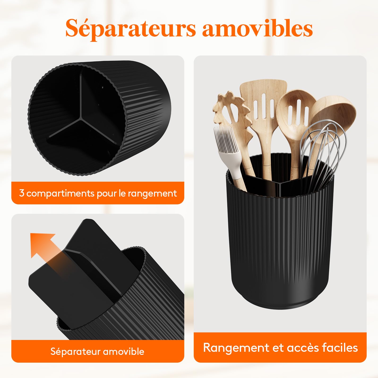 Lifewit Kitchen Counter Utensil Holder with 3 Compartments, 15 x 19 cm Cutlery Tray for Drawer, Spatula Organizer, with Non-Slip Rotating Base and Dry Drainer, Set of 2, Black