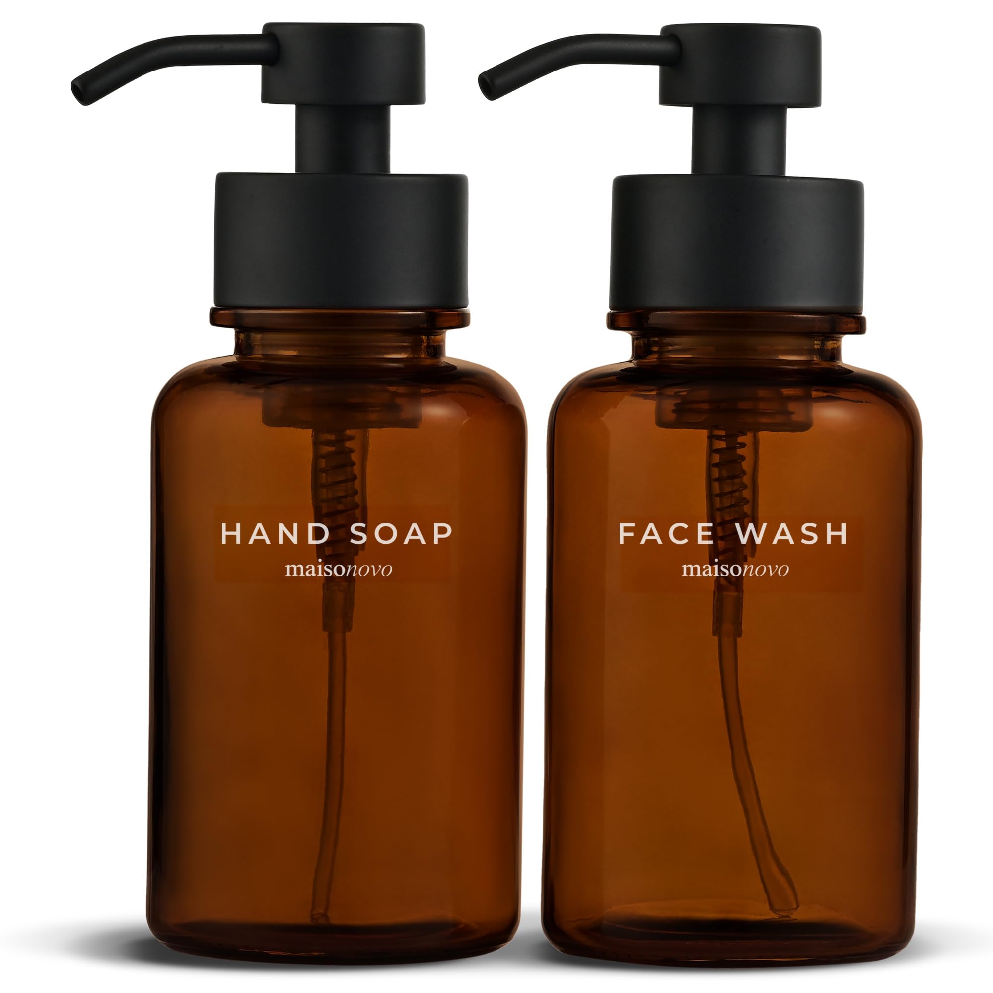 MaisoNovoFoaming Soap Dispenser Waterproof Hand Soap & Face Wash Labels | Foaming Hand Soap Dispenser for Bathroom Countertop | Foam Soap Dispenser Amber Bottle 14oz