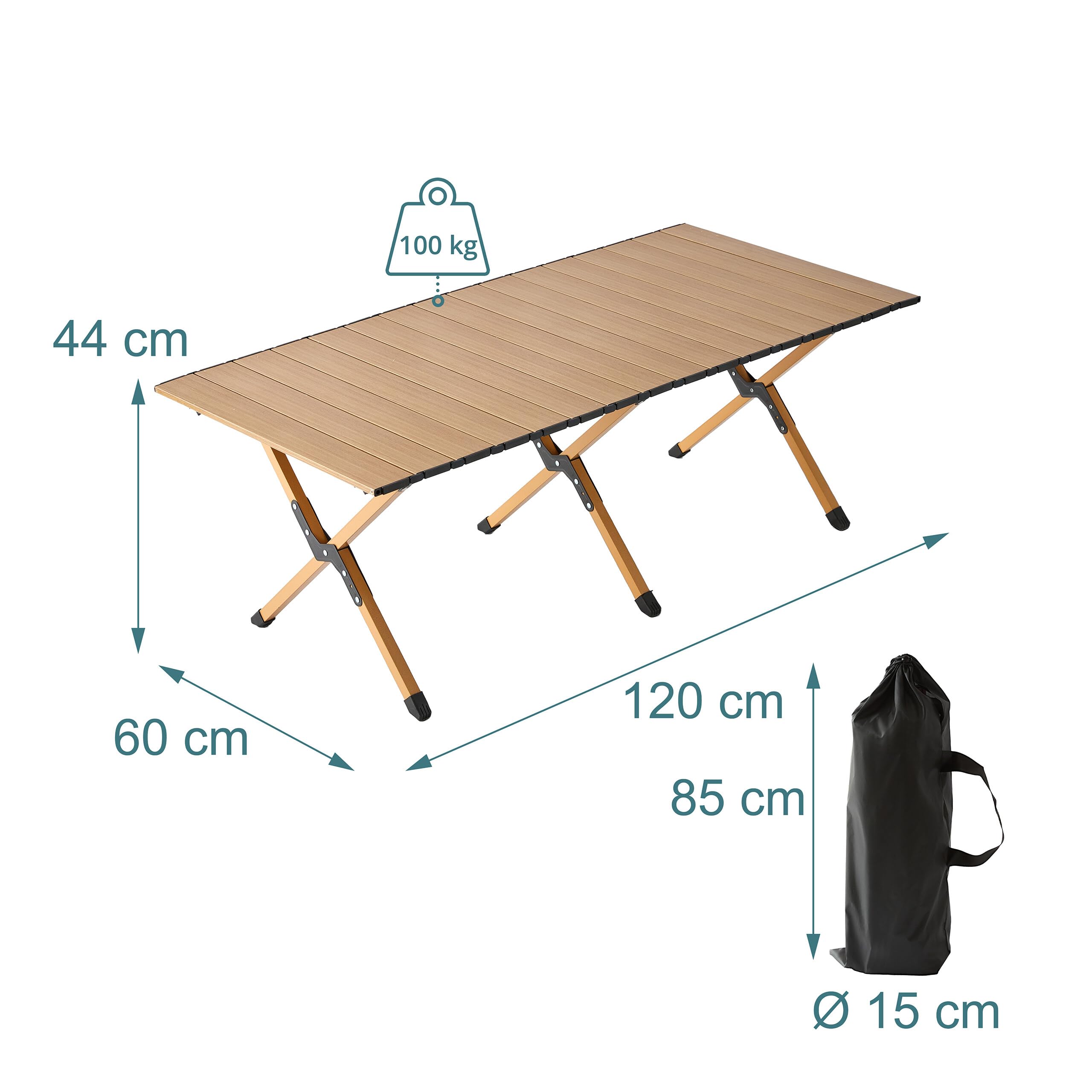 Relaxdays Mesa de Camping Plegable y Regulable en Altura, Efecto Madera, 44 x 120 x 60 cm, Bolsa, Natural
