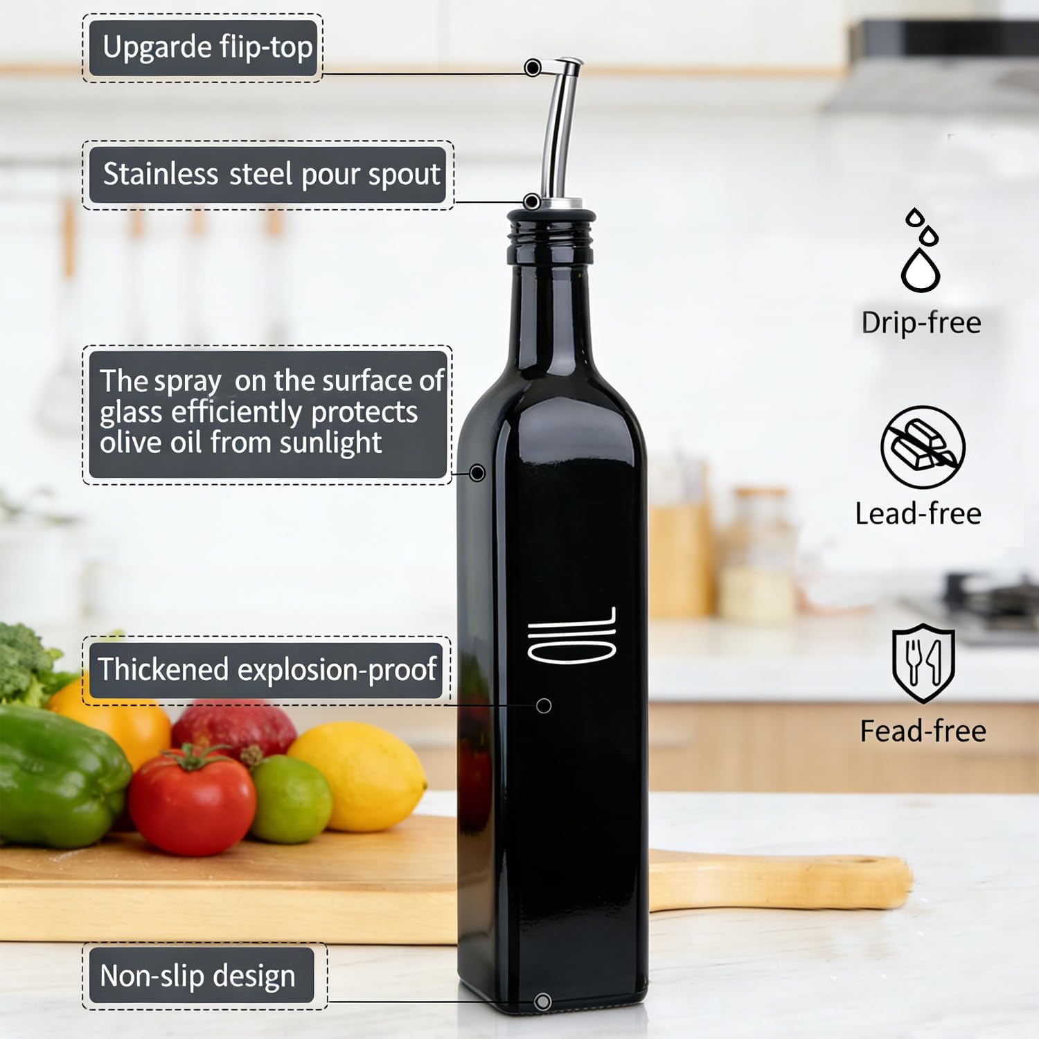 Black Glass Oil Dispenser for Kitchen, Olive Oil Dispenser Bottle & Oil and Vinegar Dispenser, Cooking Oil Dispenser & Oil Container, Multipurpose Olive Oil Bottle for Cooking，1 Piece image 2