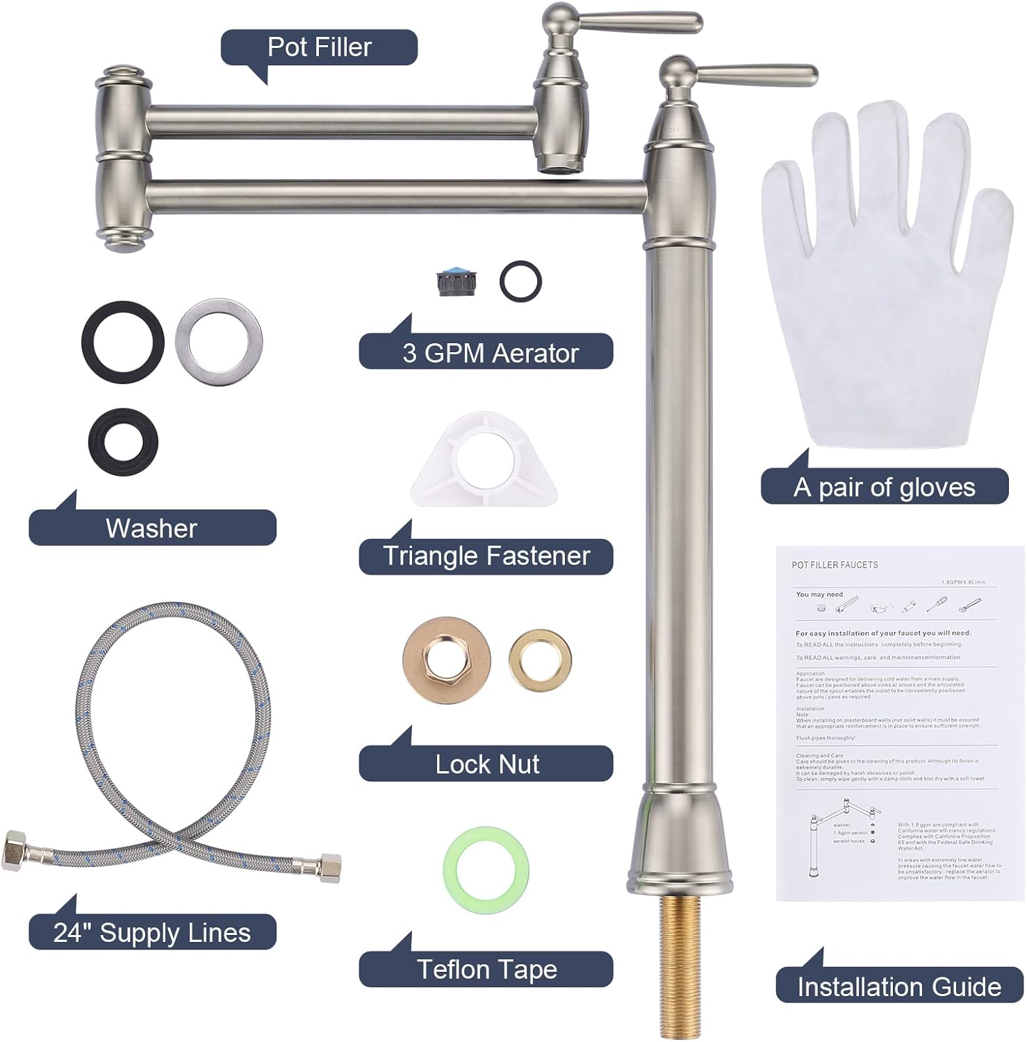 Brushed Nickel Double Handle Deck Mount Pot Filler Faucet
