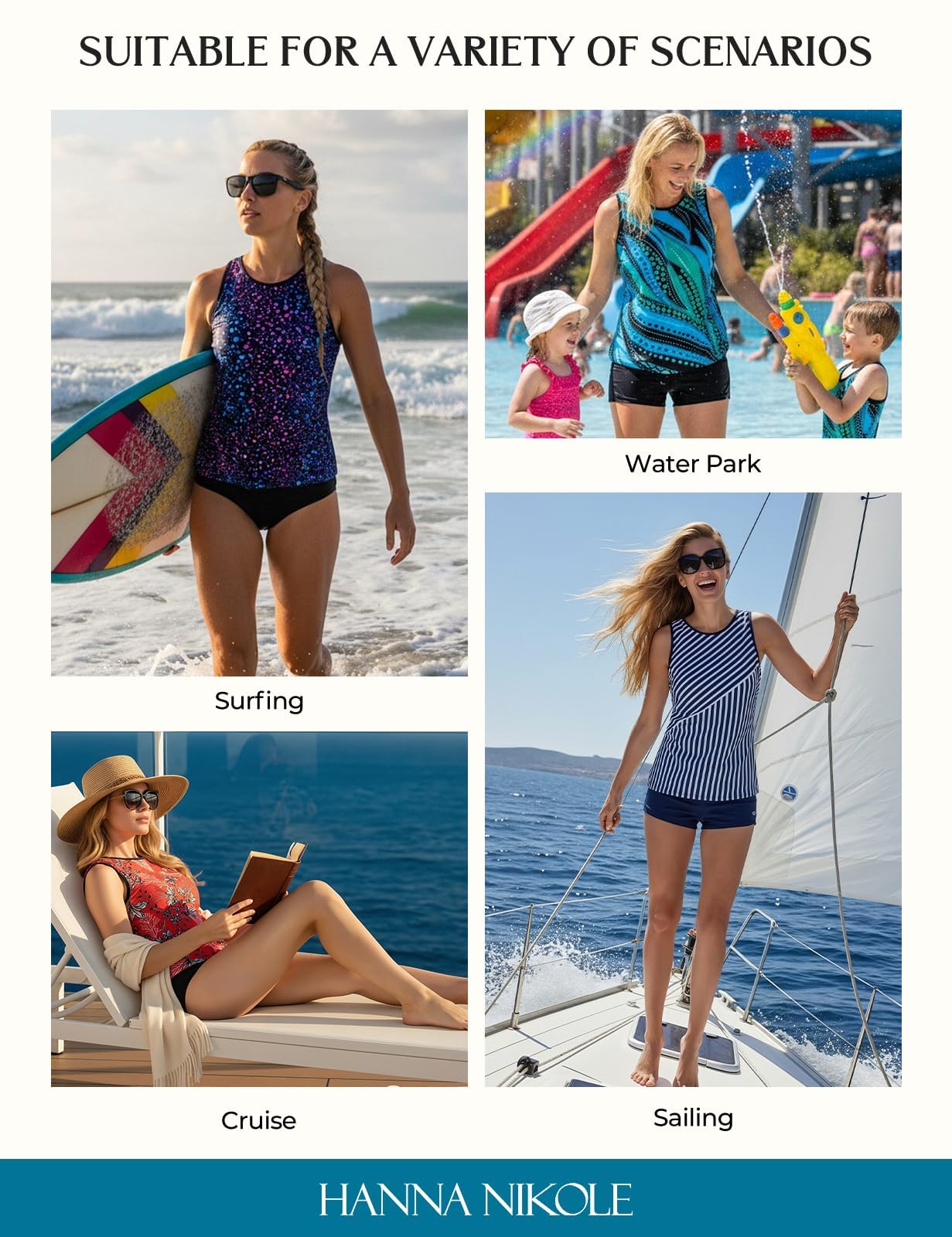Hanna Nikole Haut tankini pour femme - Maillot de bain ventre plat - Débardeur modeste sans bas - Haut de bain de sport pour femme