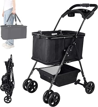 One Touch Folding Shopping Cart, 2 Tiers, Compact Storage
