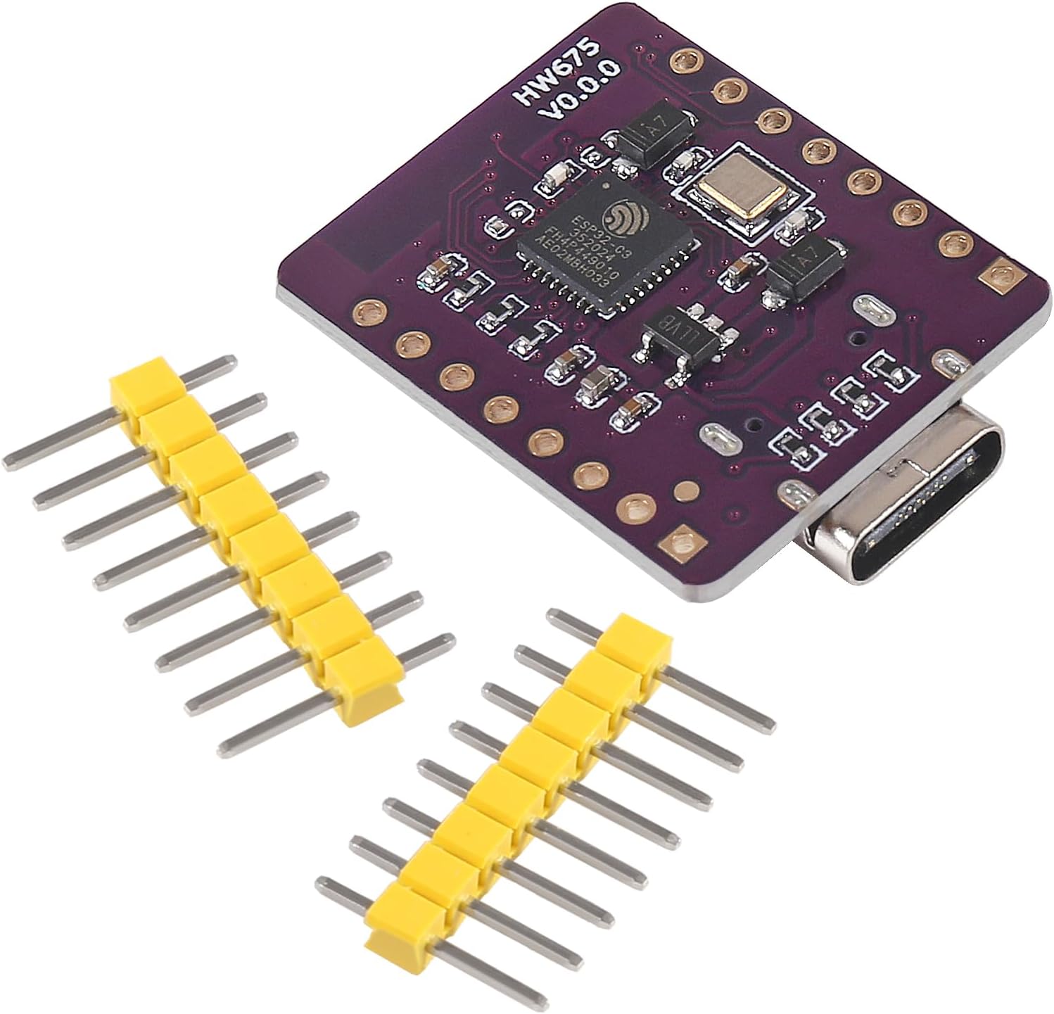 Pinout diagram for the AITRIP ESP32-C3 0.42-inch OLED Development Board, showing labels for 5V, GND, 3V3, RX, TX, GPIO pins, I2C (SCL, SDA), SPI (SS, MOSI, MISO), and ADC pins.