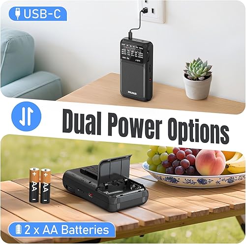 Miniatura 2 de PRUNUS J-211 Radio portátil AM FM con carga USB y batería AA, radio transistor, recepción fuerte y altavoz claro, conector para auriculares, clip