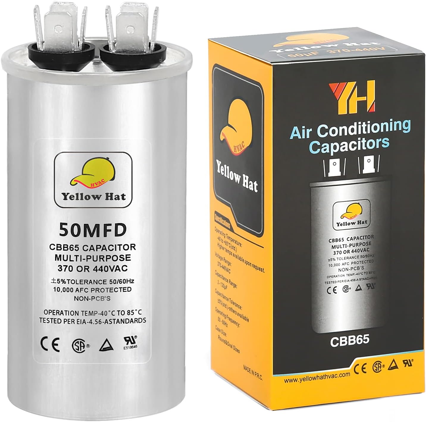 Capacitor for Air Conditioner 50 uf MFD 370 or 440 Volt VAC, Multi-Purpose Round Capacitor for AC Motor Run or Fan Motor Start or Condenser Straight