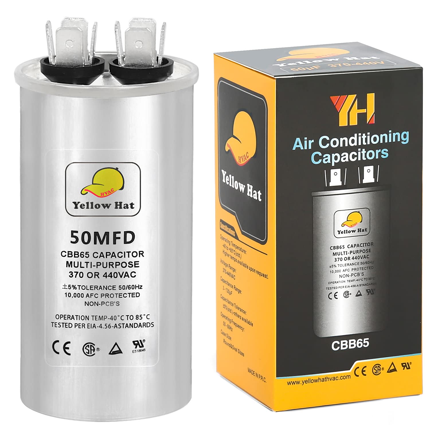 HVAC YELLOW HAT Capacitor for Air Conditioner 50 uf MFD 370 or 440 Volt VAC, Multi-Purpose Round Capacitor-5 Year Warranty