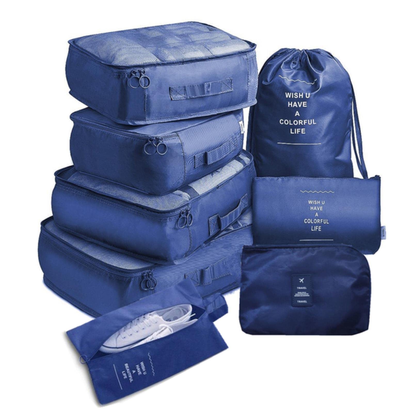 Set da 8 Borse da Viaggio per Vestiti, Biancheria Intima, Scarpe, Organizer per valigie, Grande capacità, per riporre i Bagagli, Blu Intenso