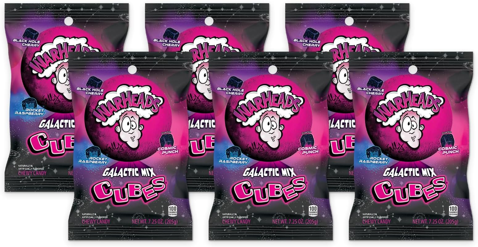 WARHEADS Galactic Mix Cubes - Sour Sweet & Fruity Chewy Candy - Black Hole Cherry, Rocket Raspberry & Cosmic Punch Flavors - 7.25 oz. Bags - 6 Pack