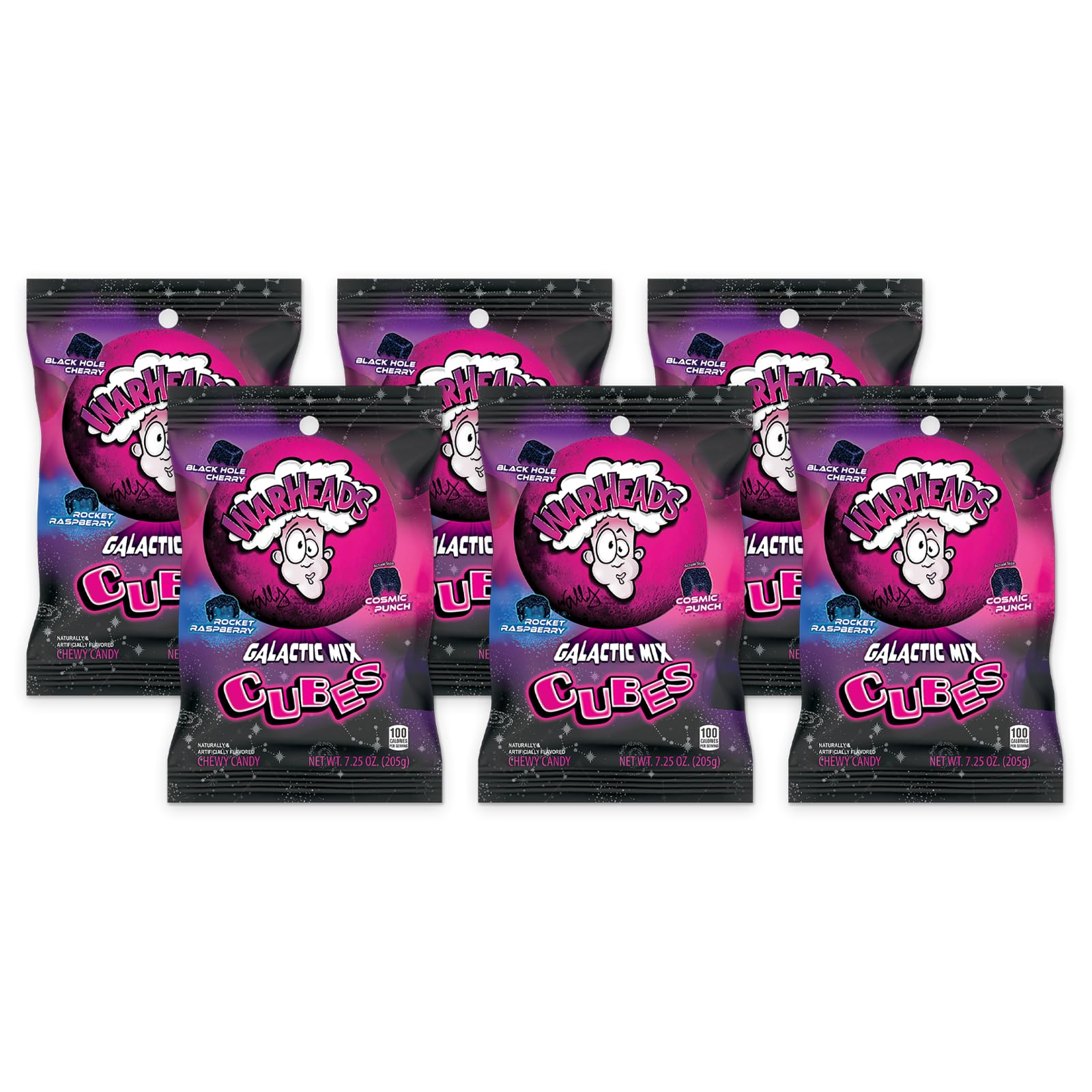 WARHEADS Galactic Mix Cubes - Sour Sweet & Fruity Chewy Candy - Black Hole Cherry, Rocket Raspberry & Cosmic Punch Flavors - 7.25 oz. Bags - 6 Pack