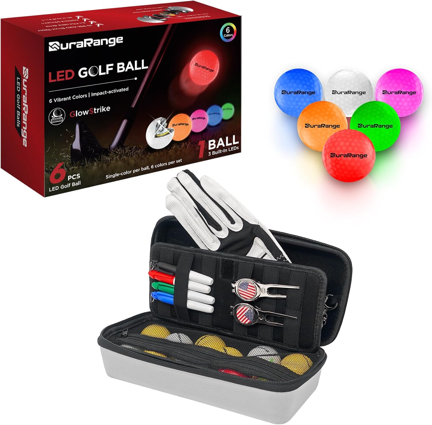 Glow Golf Balls & Golf Organizer Case Bundle – 6 Ultra-Bright 3-LED Night Balls with Auto 10-Min Timer + Waterproof Travel Storage Box – Night Golf Practice Gift Set