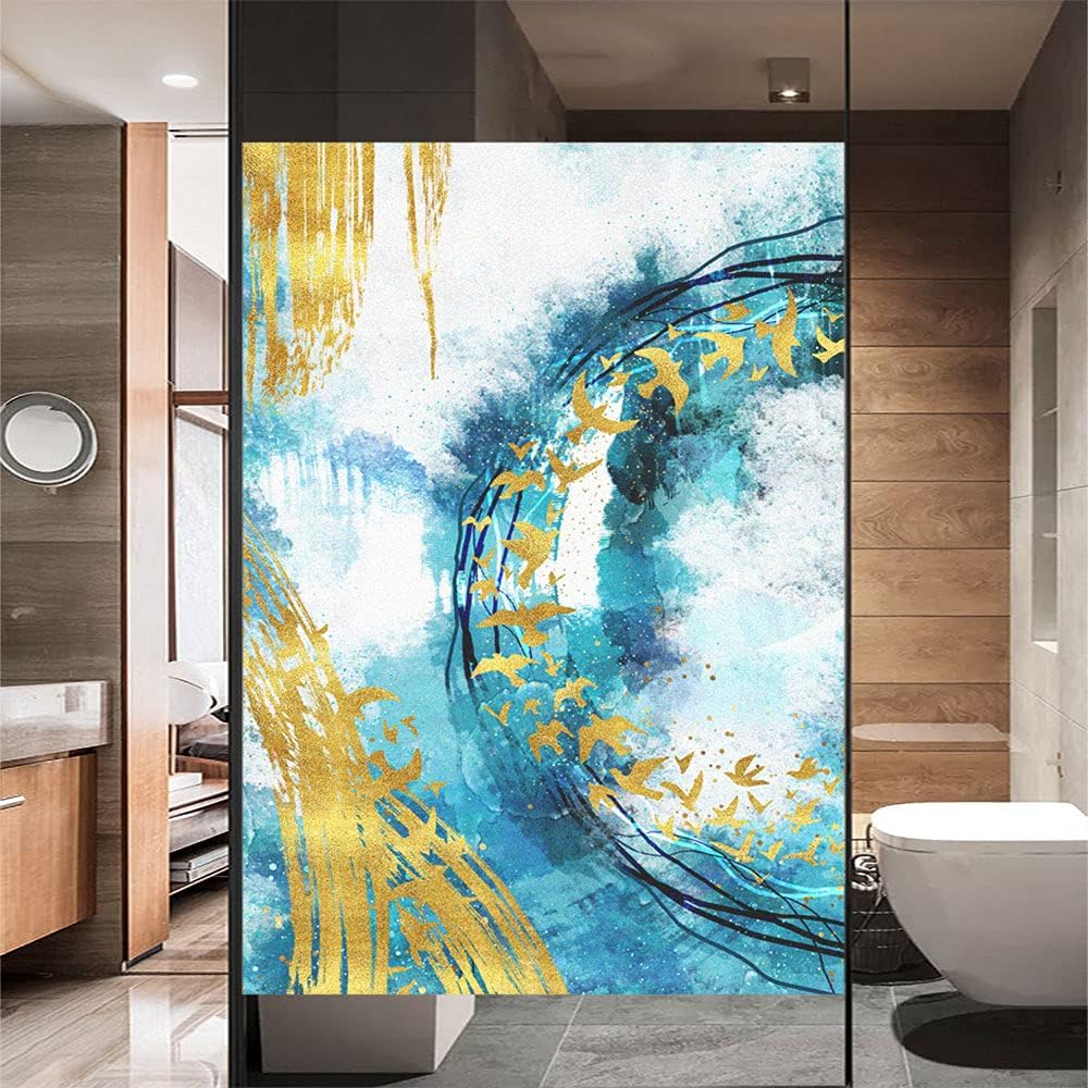 Privacy Window Film Golden Birds Decorative Sun Blocking Static Cling Opaque Glass Sticker Stain Glass Window Film Privacy for Doors W19.7 x H78.74(50x200cm)