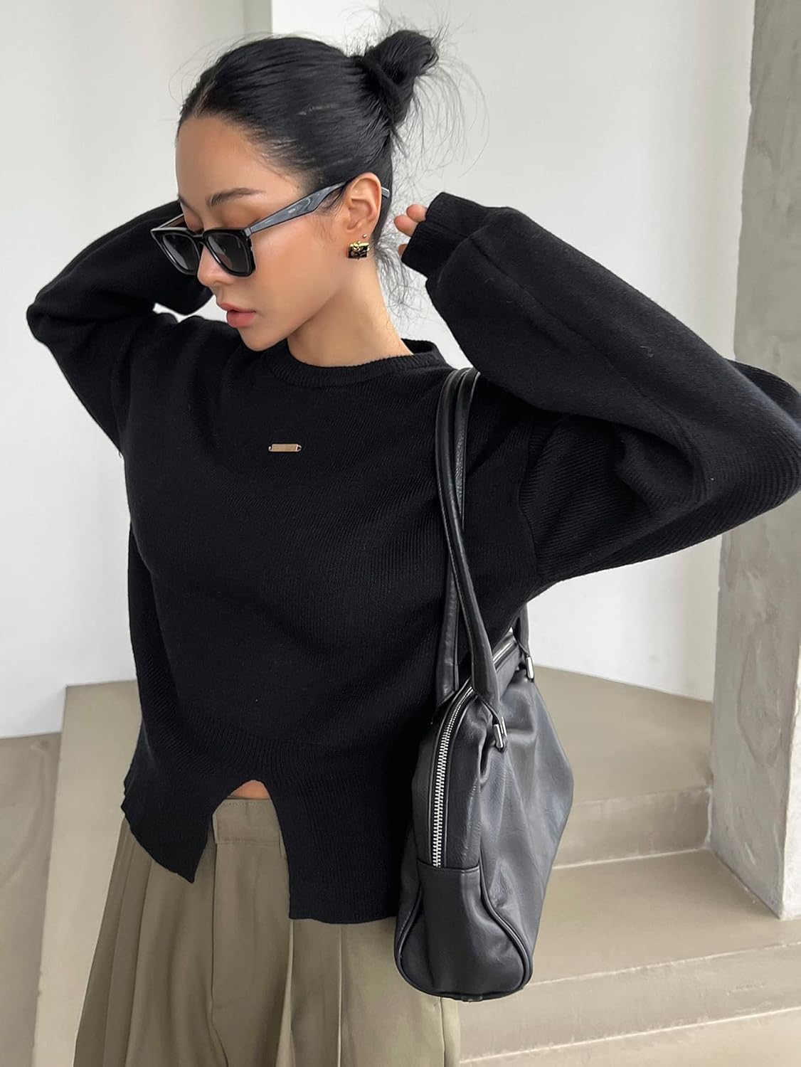 Women's Sweater Solid Split Hem Drop Shoulder Sweater Sweater for Women (Color : Black, Size : X-Large)