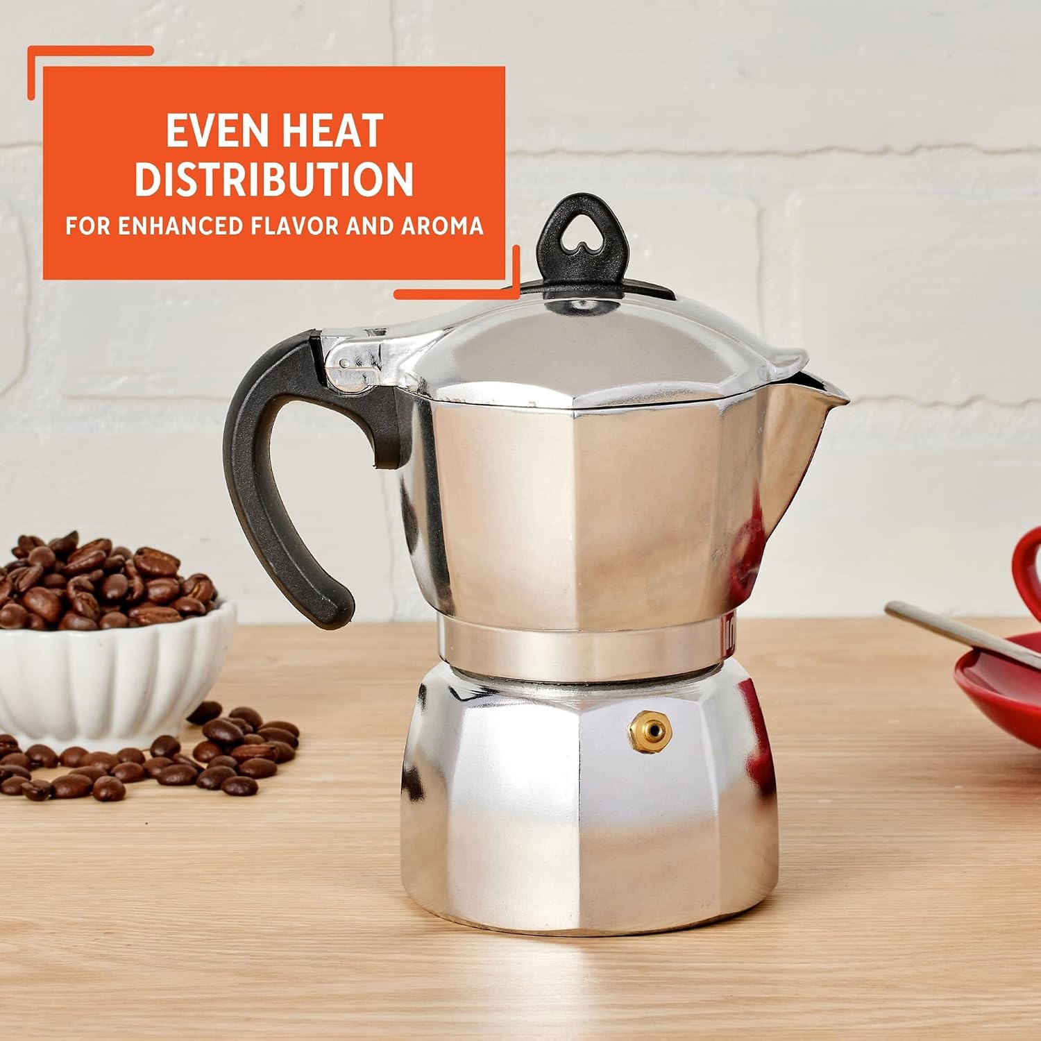 Imusa 6 Cup Stovetop Espresso Maker with Heart Shaped Knob, Silver - 6