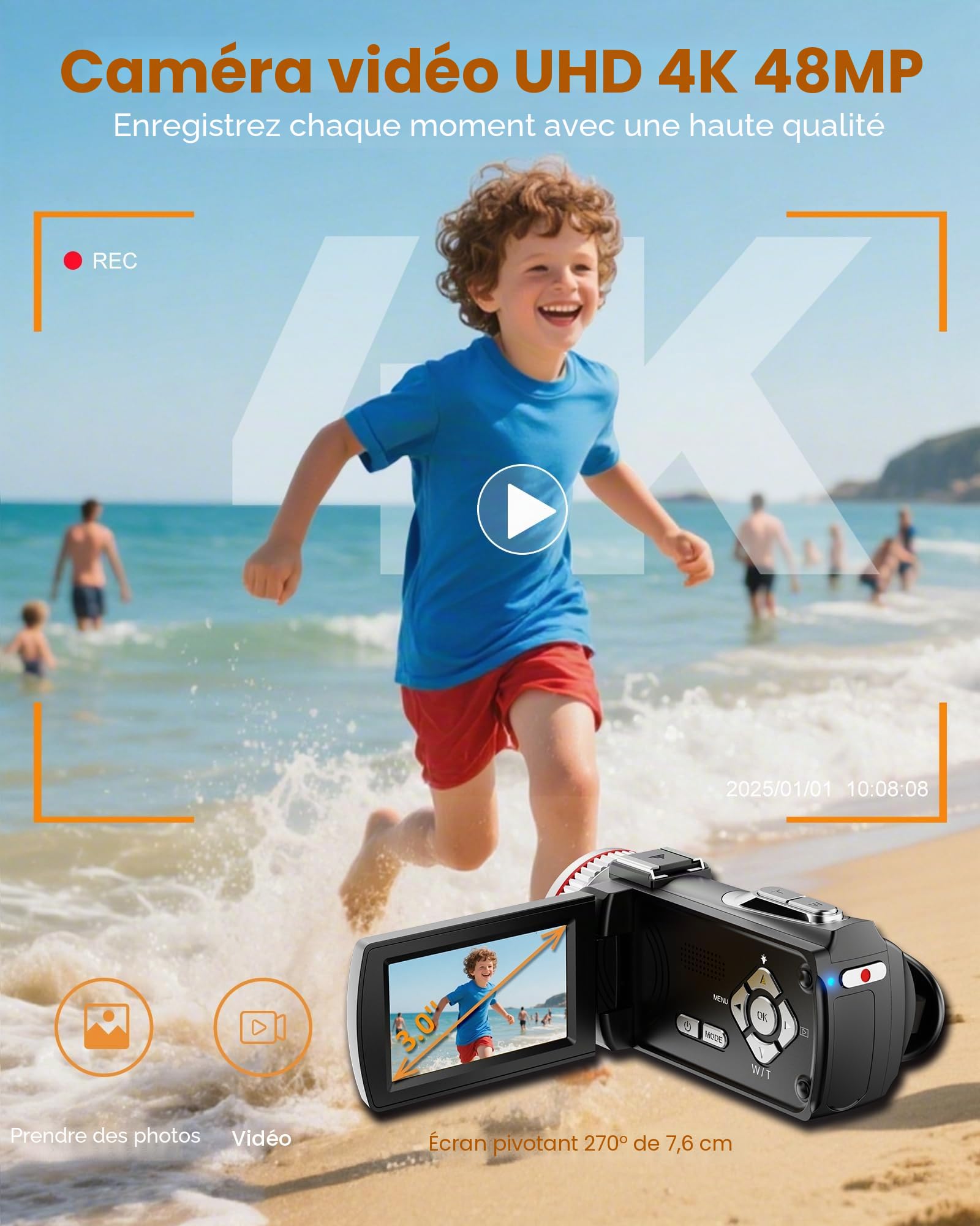Caméscope 4K 48X Zoom Numérique 21X Vlogging Caméra avec Carte 32 Go, Microphone, Télécommande
