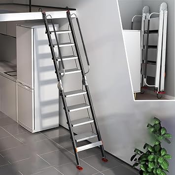 Loft Ladder Loft Stairs 8-14 Steps Attic Stair Folding Loft Ladder with Non-Slip Handrail Aluminum Attic Ladder Multifunctional Loft Ladder Wide Pedal Space Saving Basement Window Well Escape Ladder Suitable for House Loft and Indoor Buildings Black 8 Steps