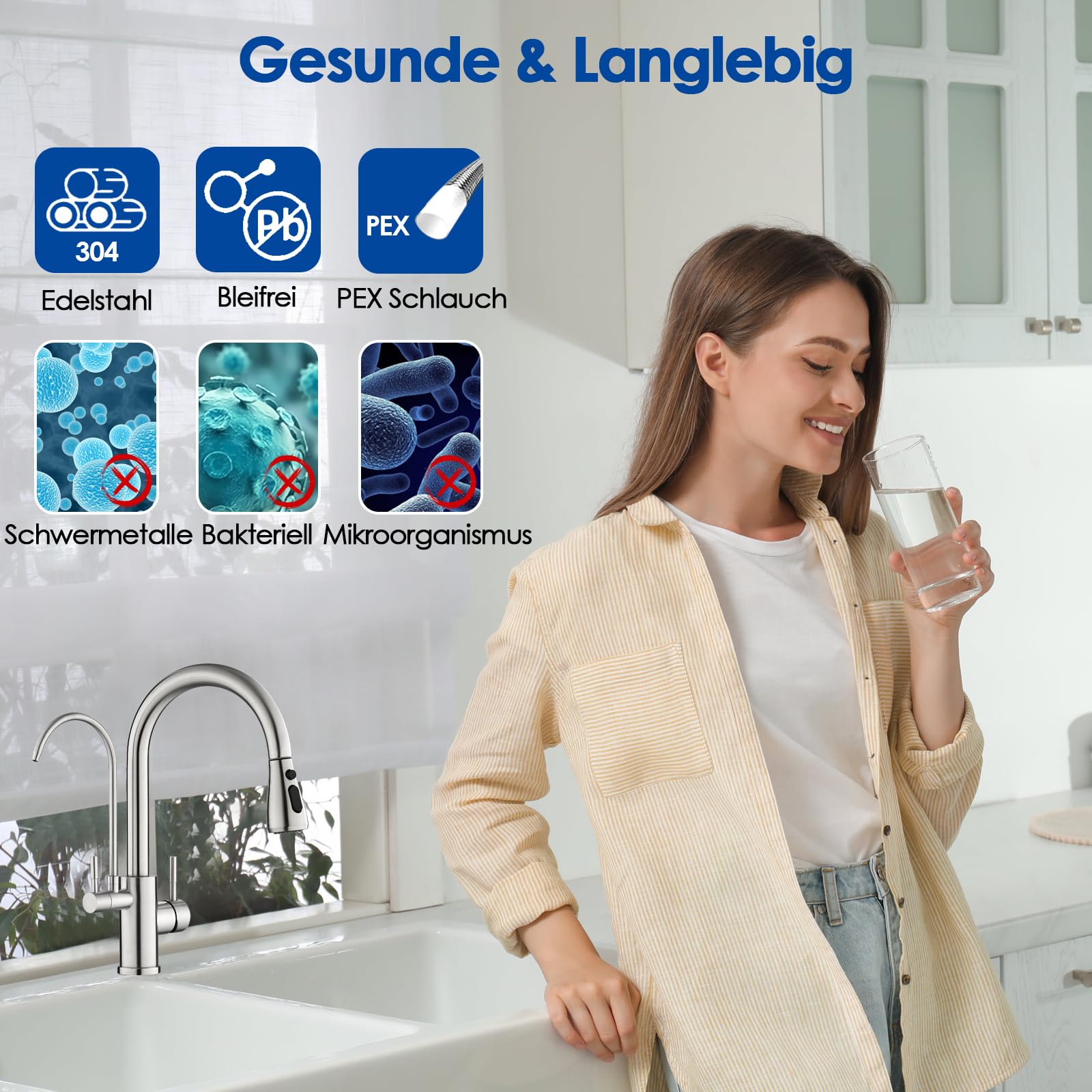 ROVOGO 3 Wege Wasserhahn Küche mit Filter, Hochdruck Küchenarmatur mit Brause Ausziehbar, Doppelhebel Spültischarmatur für Heiß-, Kalt- und Trinkwasser, Mischbatterie Gebürstet Edelstahl, C-Auslauf