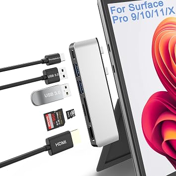 Surface Pro 9/10/11 / X USB Hub Docking Station، Surface pro 9 Accessories with 4K HDMI، USB-C Thunerbolt 4 Display + Data + 100W Charging، 2 USB 3.0، SD / TF، USB C Hub for Surface Pro 9 / Pro10/ Pro1111 / ProX