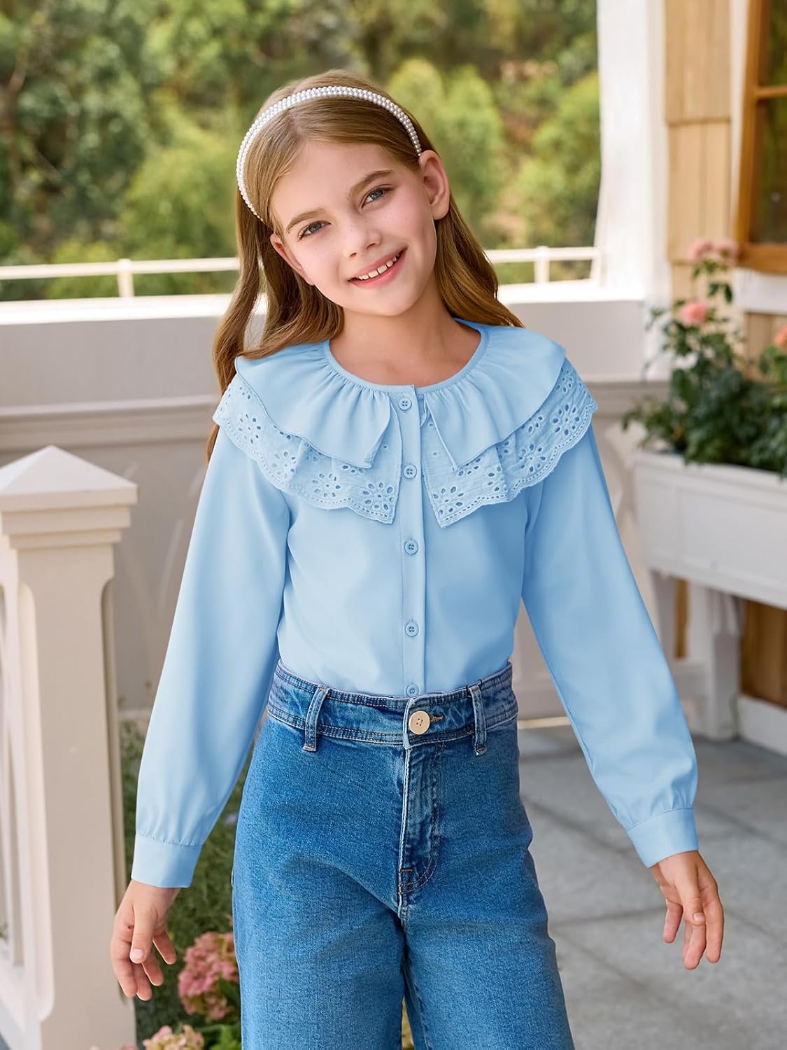 Girls Eyelet Ruffle Collar Blouse Kids Long Sleeve Button Down Shirt Cute Uniform Tops 5-14 Years - Image 4