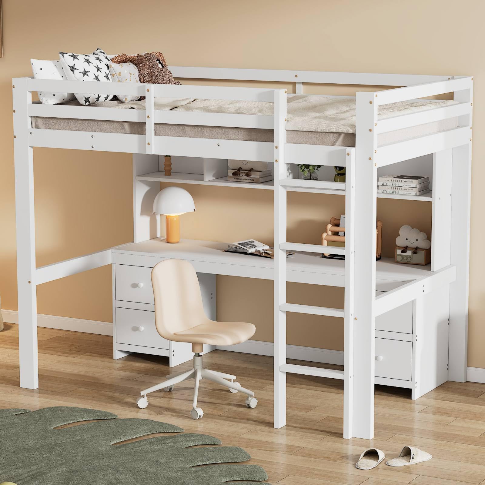 KOMHTOM Lit en Mezzanine Surélevé avec Compartiments de Rangement, 90 x 200cm Simple avec Bureau sous Le Cadre, Support à Lattes (sans Matelas) (Blanc)