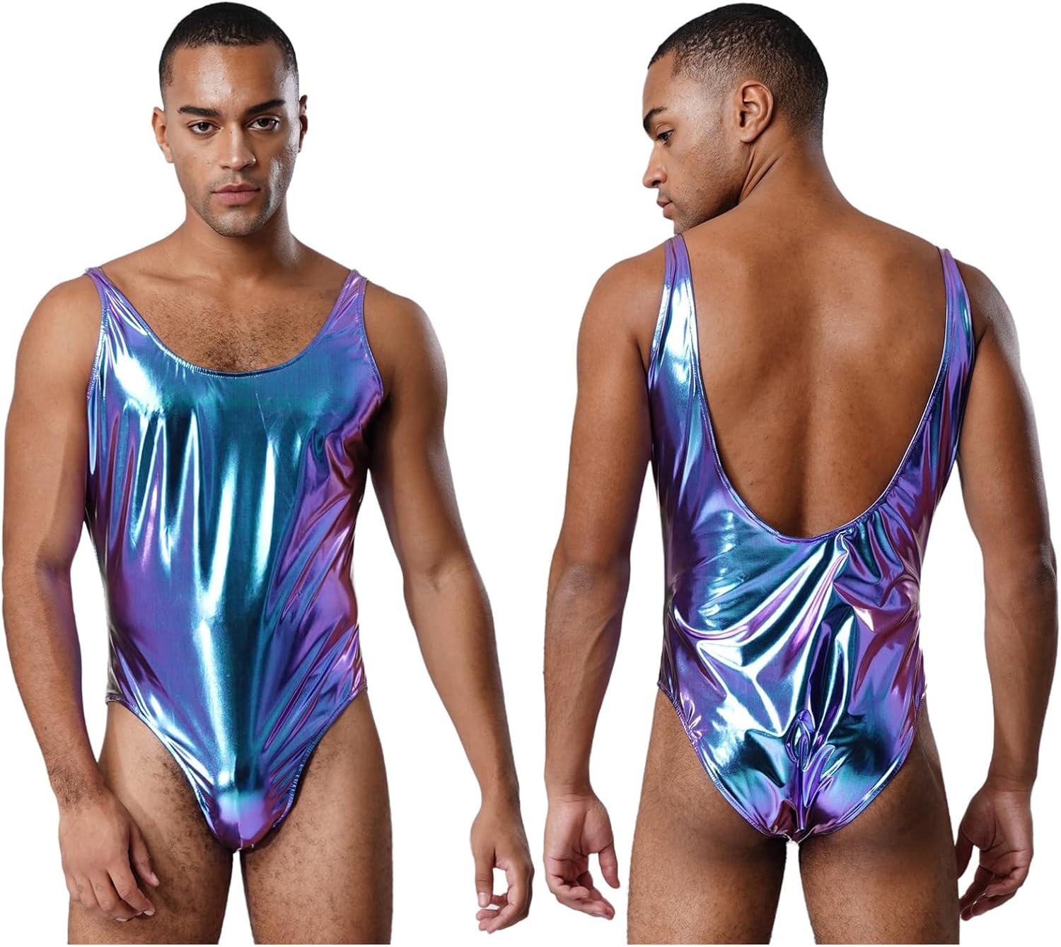YiZYiF Mens Swimwear Bodysuit Sleeveless Shiny Metallic Dance Gymnastic Leotard for Rave Costume