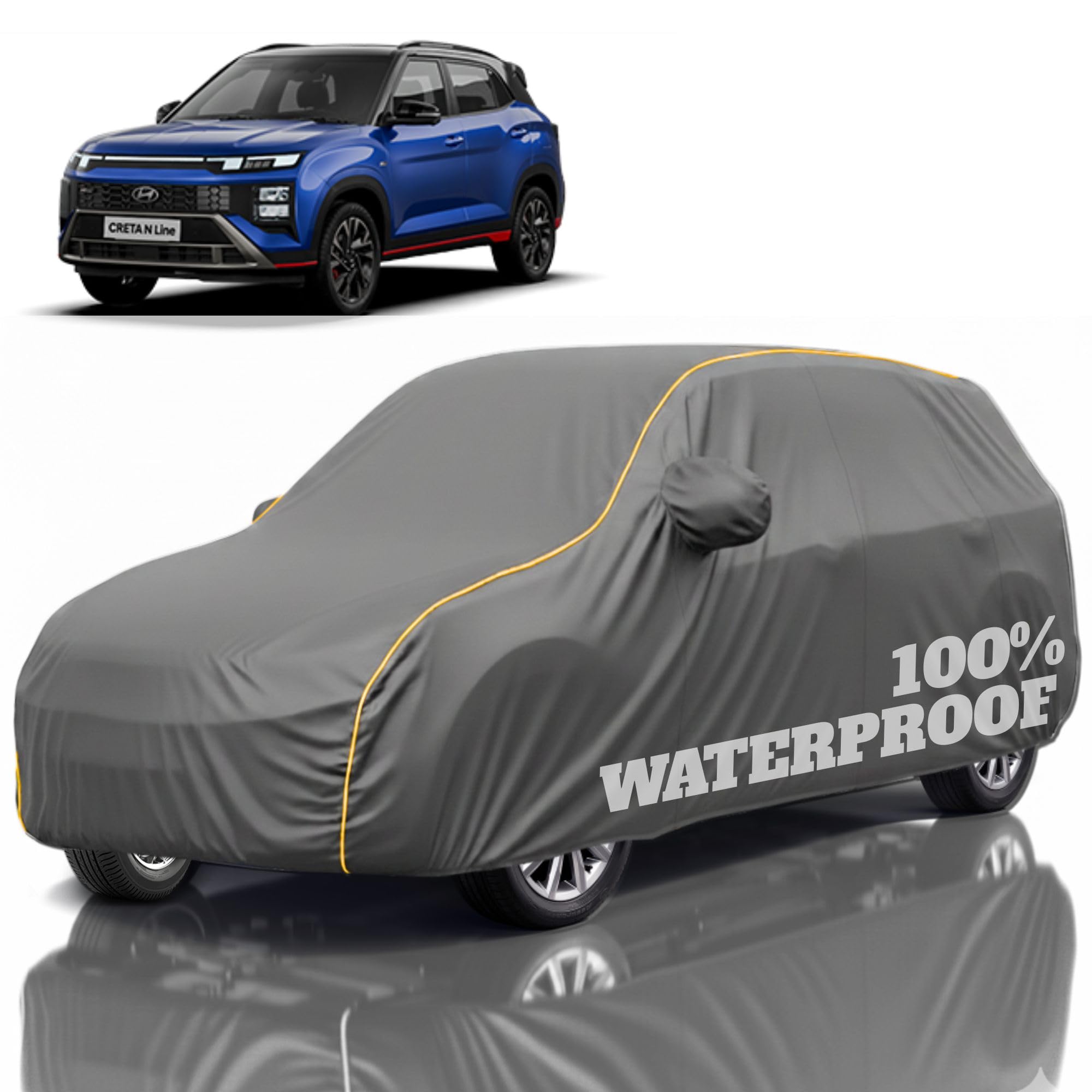 Premium Polyester Car Cover Creta All-Weather Protection from Rain, Dust &amp; Sun | UV Resistant Fabric | Full Body Secure Fit for Outdoor &amp; Indoor Parking Grey