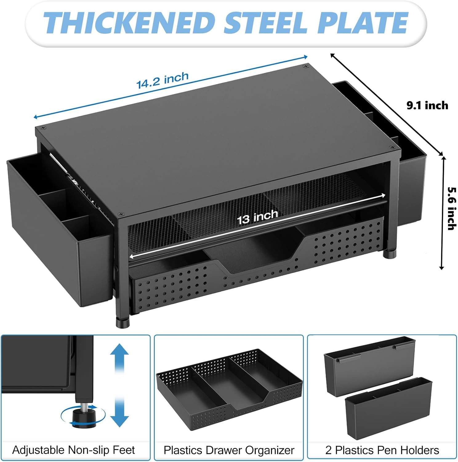 OPNICE Desk Organizers and Accessories, Computer Monitor Stand Riser with Drawer and 2 Pen Holders, Laptop Stand, Office Desk Accessories & Workspace Organizers for Home Office Supplies, Black 8 71YV BWcbPL. AC SL1500