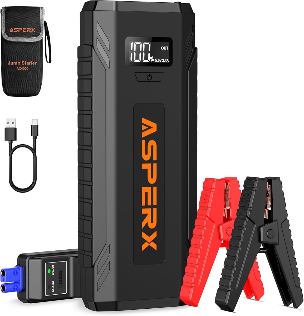 ASPERX Car Jump Starter, 4000A Peak Battery Starter for All Gas or 10.0L Diesel Engines, 12V Battery Starter, Jump Box with USBA, Lithium Battery Booster with Built-in LED Light