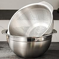 Vista 1 de 18/8 Stainless Steel Microwell Colander, 5QT Large Capacity with Handle Kitchen Food Strainer5QTColander+5QT Mixing bowl)