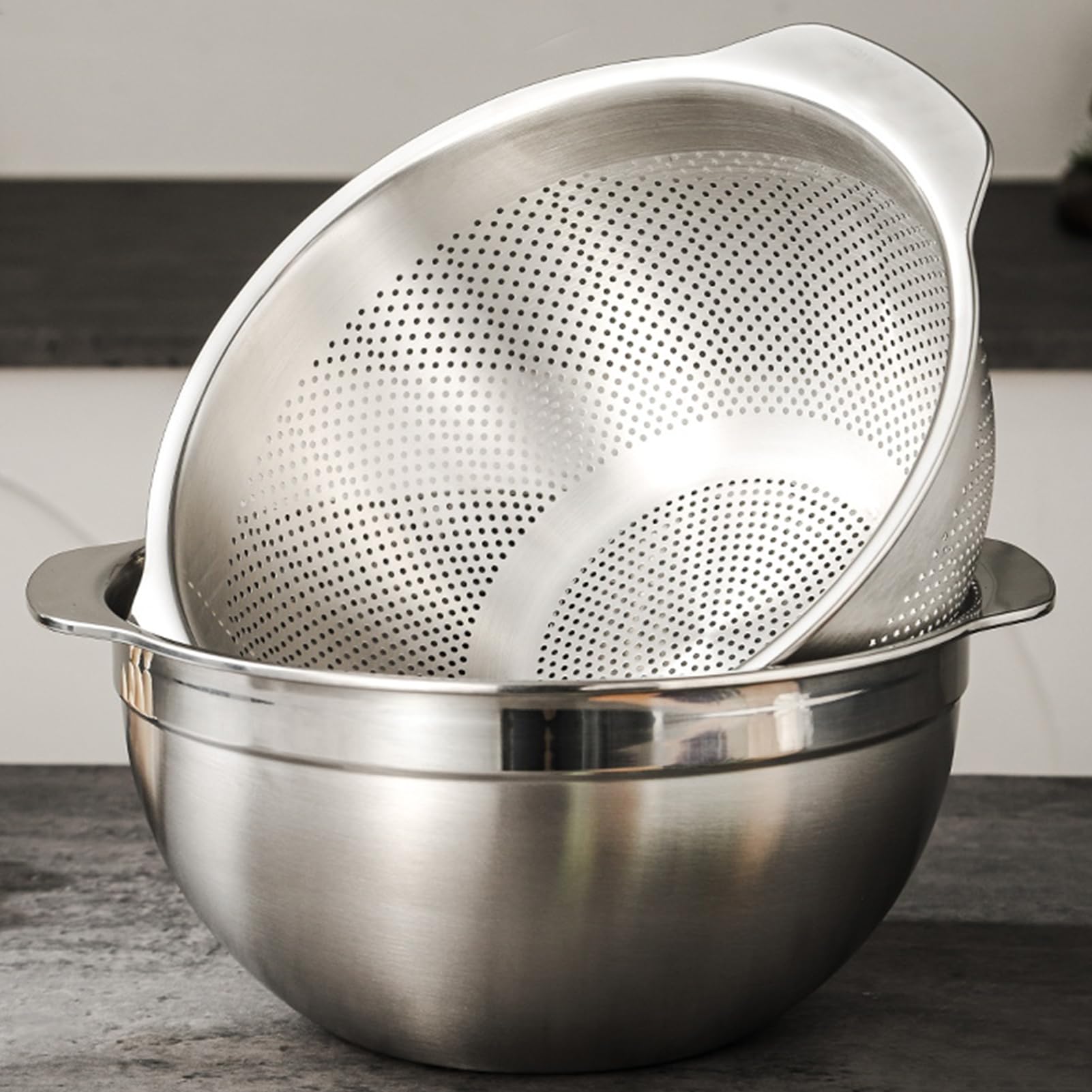 Photo 1 of 18/8 Stainless Steel Microwell Colander, 2.5QT Large Capacity with Handle Kitchen Food Strainer Basket for Washing Vegetables, Fruits, Rice, and Pasta (primary colour, 2.5QTColander+2.5QT Mixing bowl)