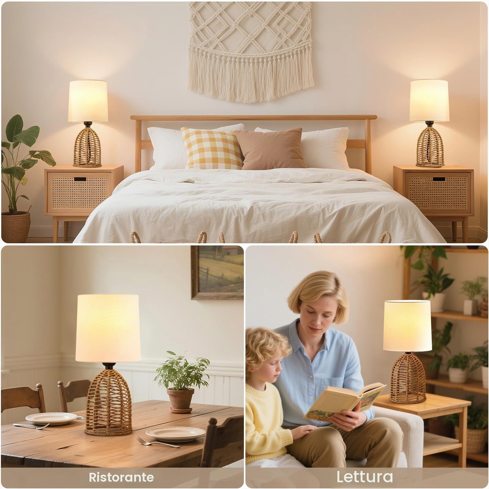 GyroVu Set di 2 lampade da comodino, in rattan, stile boho, attacco E27, piccole lampade per camere, camera da letto, comodino, soggiorno, lettura, lampada da tavolo