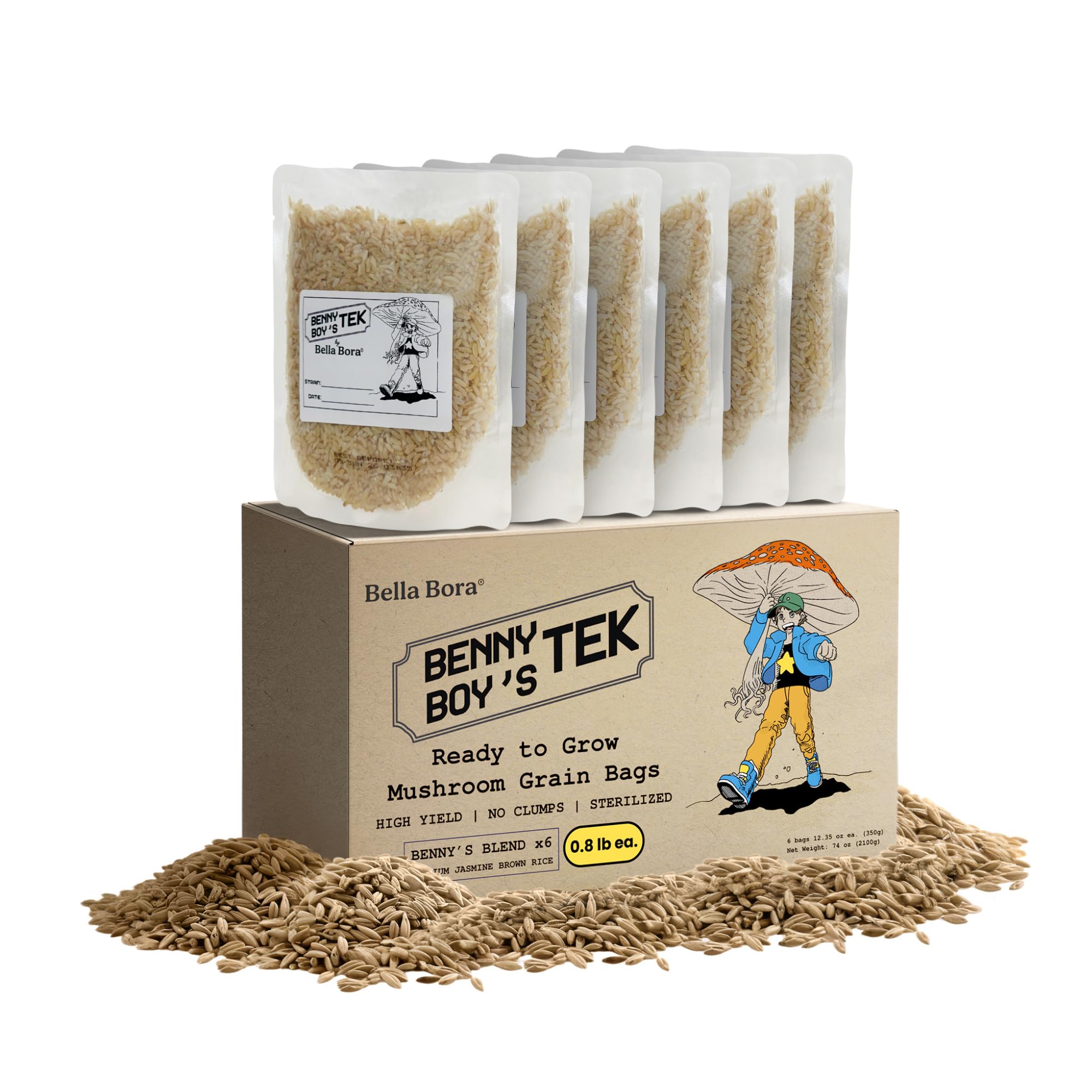 Grain Spawn Bags | 6-Pack Mushroom Grow Bags (5 lbs) | Unpolished Brown Jasmine Rice as Mushroom Substrate Sterilized | Fast Colonization Easy to Use