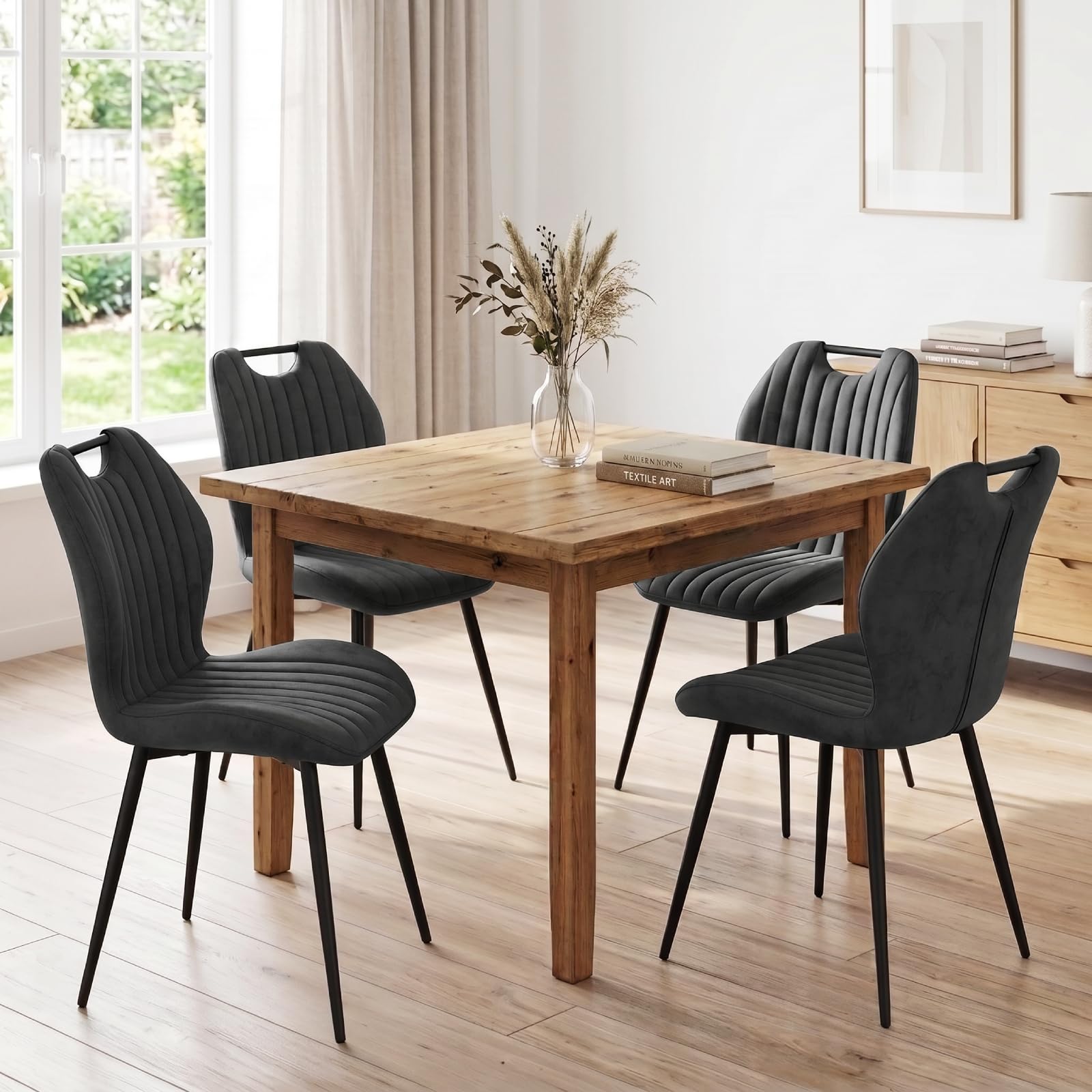 LEWE Set di 4 Sedie da Pranzo, Sedie da Cucina Imbottite in Tessuto, Grigio | Sedie da Soggiorno Moderne, Schienale Ergonomico, Gambe Metalliche, Maniglia, per Sala da Pranzo, Cucina, Salotto, Camera