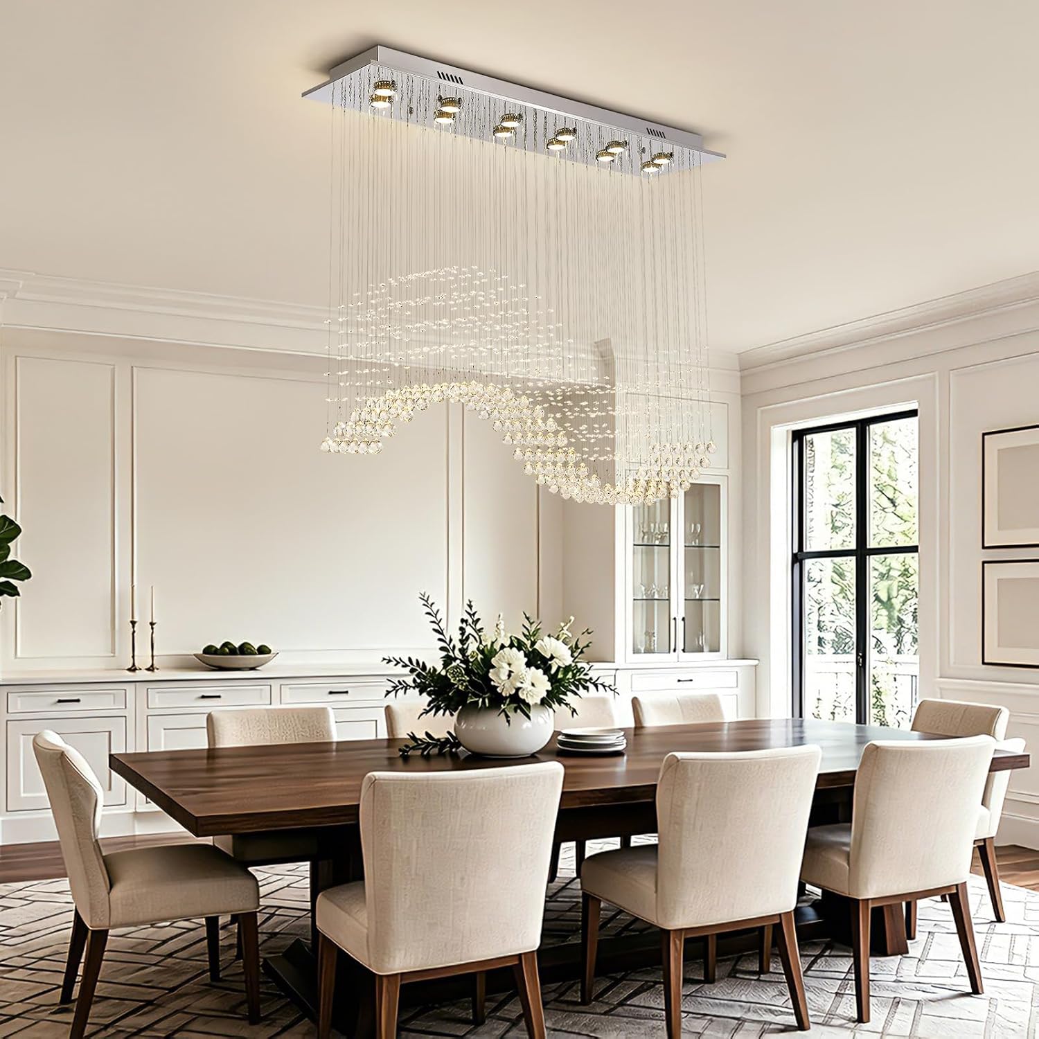 Siljoy Rectangle Wave Raindrop Chandelier for Dining Room, 12 Light Modern Rectangular Flush Mount Crystal Pendant Ceiling Light for Living Room Kitchen L47'' x W11.8'' x H40''