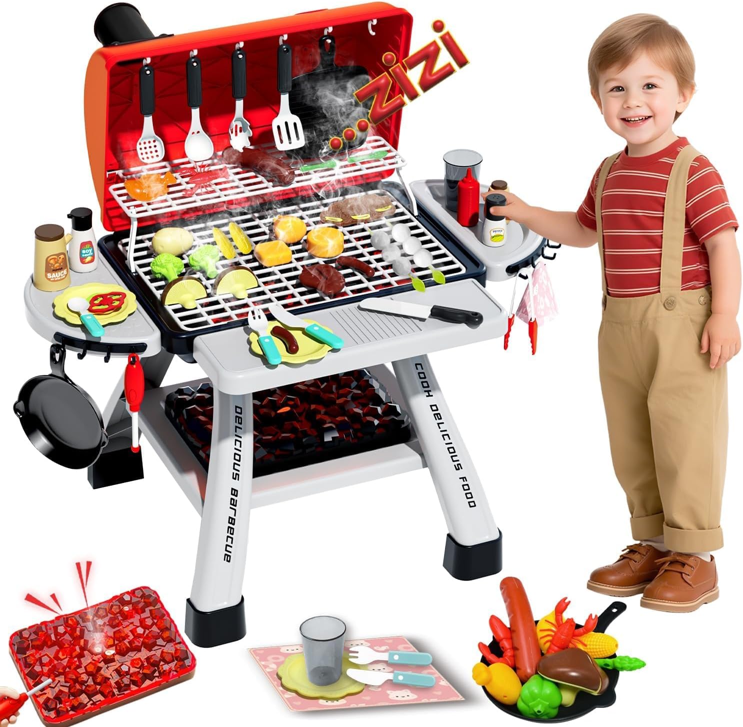 Kids BBQ Grill Playset, Play Kitchen Toys Grill with Smoke Sound Light Simulation Pretend Play Food for Toddlers 3-5 Camping Cooking Set Birthday Gifts Christmas for Grandkids Bbq Kitchen Toy