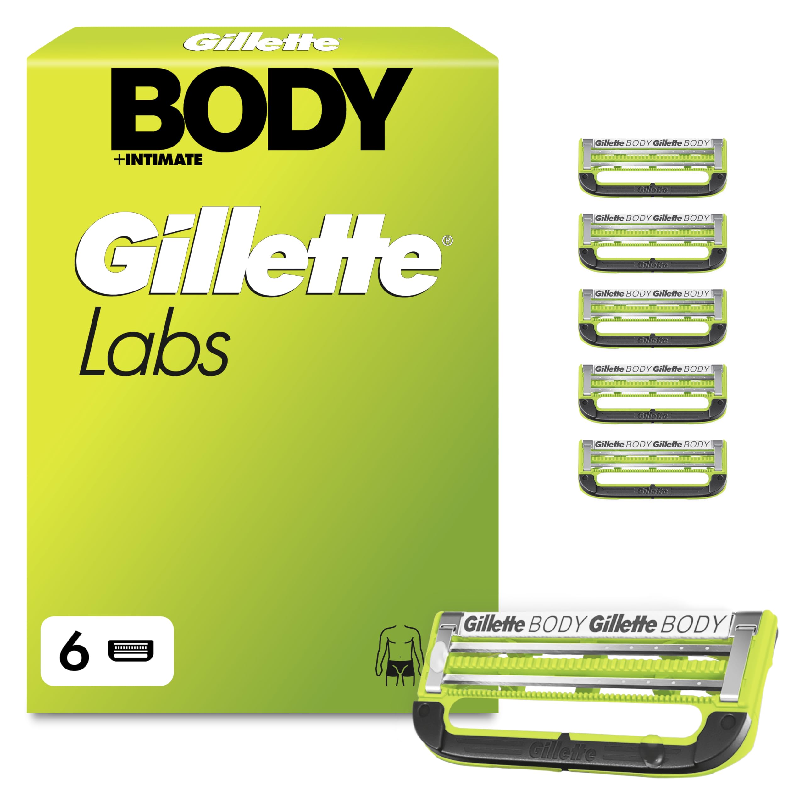 Gillette Labs Body & Intimate Rasierklingen, 6 Original Ersatzklinge, Grün