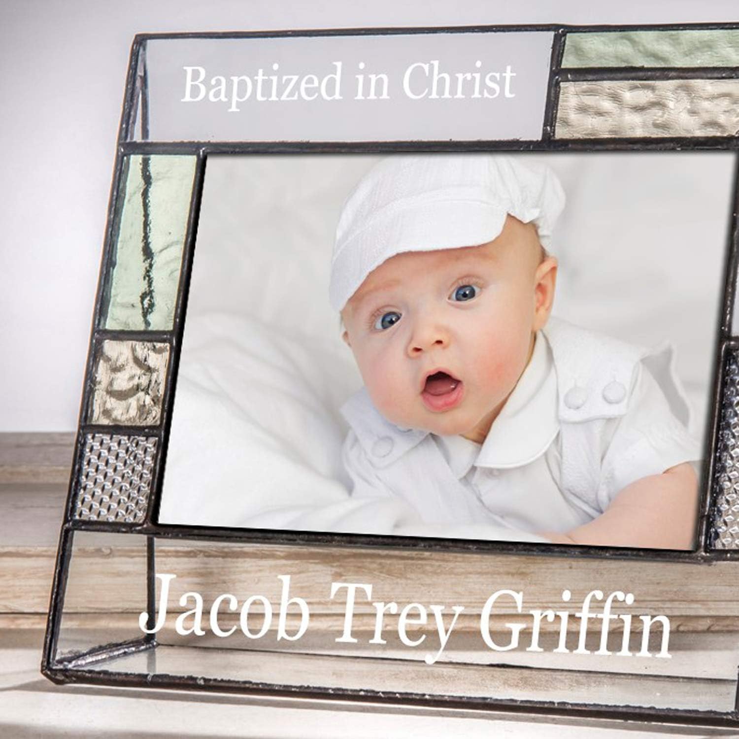 Baptism Gifts For Girls Or Boys Personalized Picture Frame Custom Engraved Glass 4x6 Horizontal Photo Green And Antique Yellow J Devlin Pic 430-46H EP617