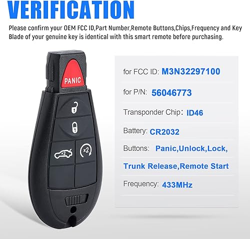 Miniatura 3 de Control remoto de entrada sin llave para Dodge Dart 2013 2014 2015 2016 433MHz ID46 chip (FCC ID:M3N32297100 P/N: 56046773) 4+1 botones